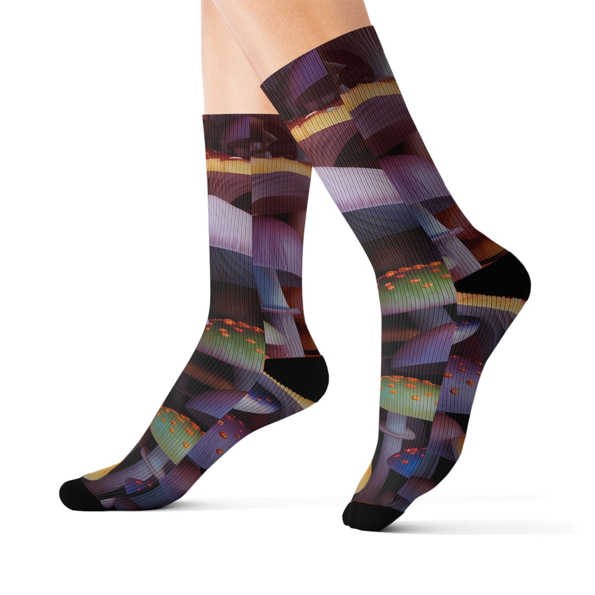 Socks: Mushroom Forest Sublimation Socks — Colorful Psychedelic Fungi Crew Socks