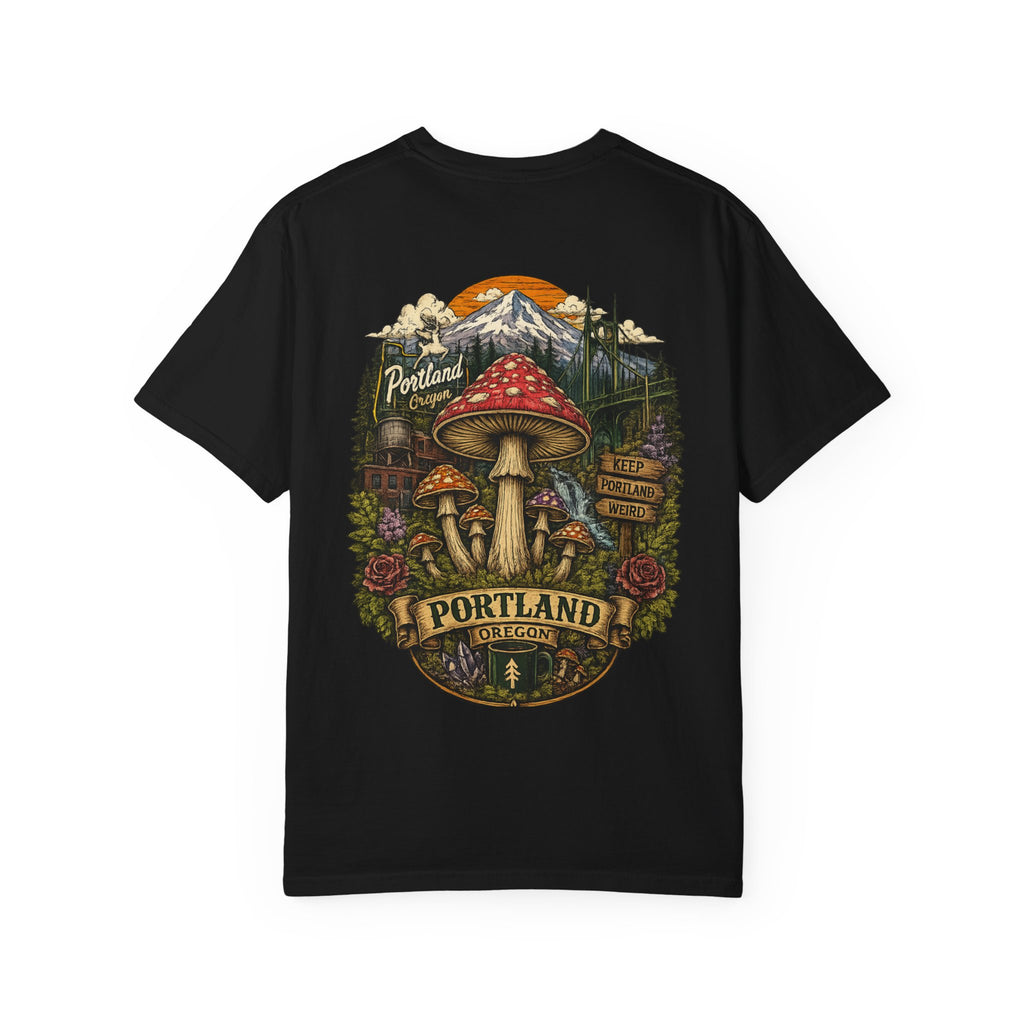City: Portland Mushroom Graphic T-Shirt — Vintage Forest Amanita Design