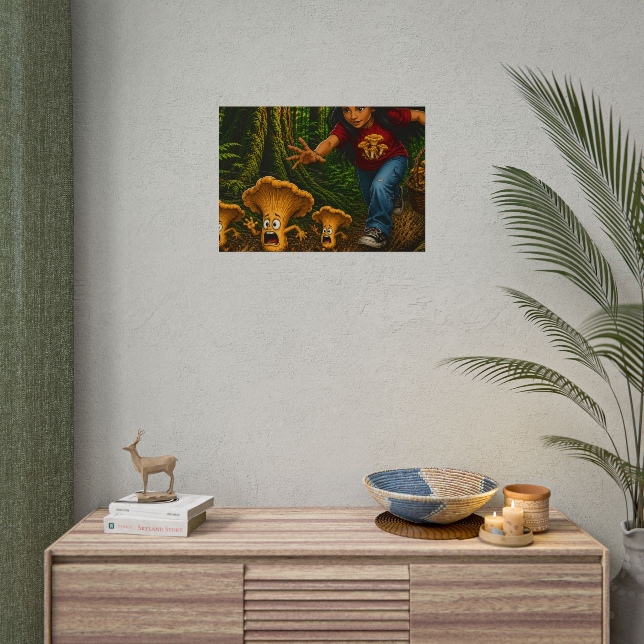 Rolled Poster: Girl Chasing Animated Mushrooms Forest Art Print
