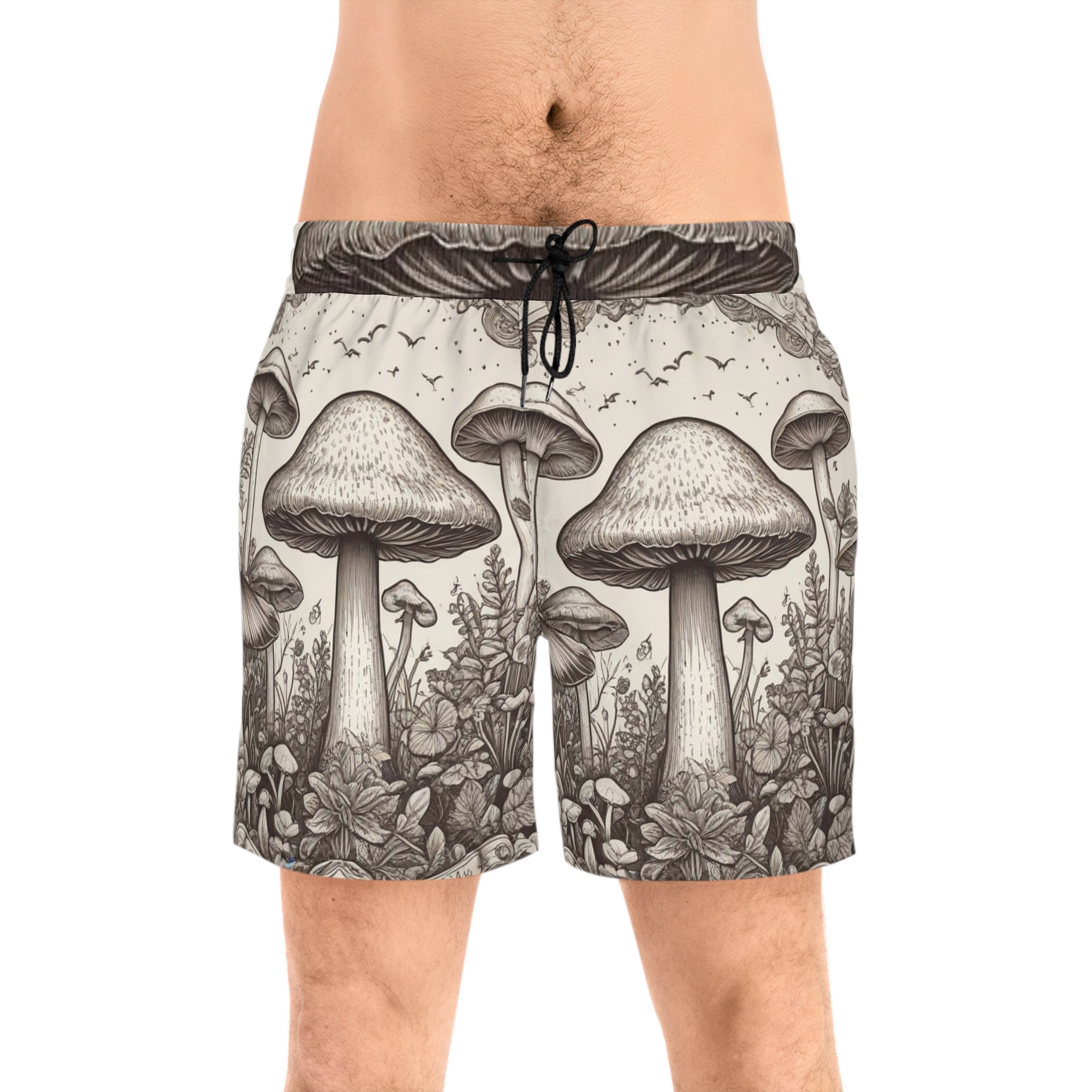 Mushroom Forest Swim Shorts — Vintage Botanical Mens Mid-Length Boardshorts