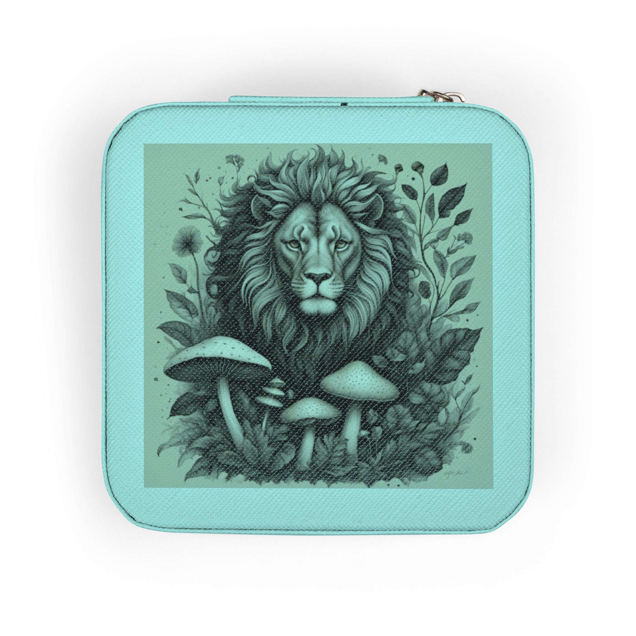 Lion & Mushrooms Jewelry Travel Case — Compact Organizer for Rings, Earrings & Necklaces