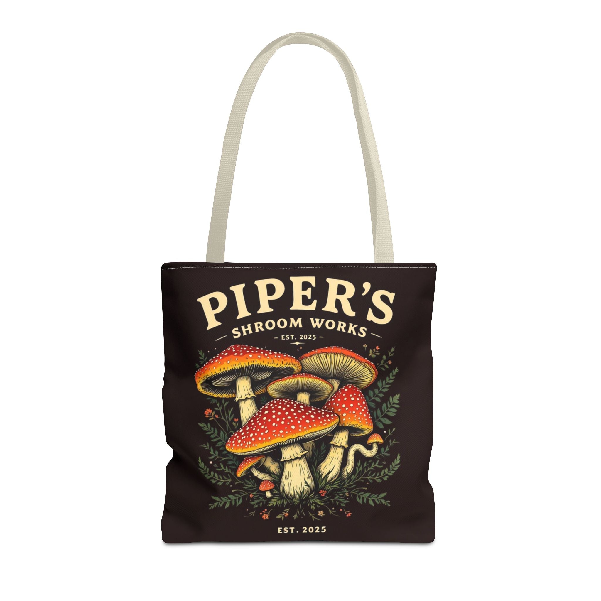 Mushroom Tote Bag — "Piper's Shroom Works" Vintage Fungi Market Shopper