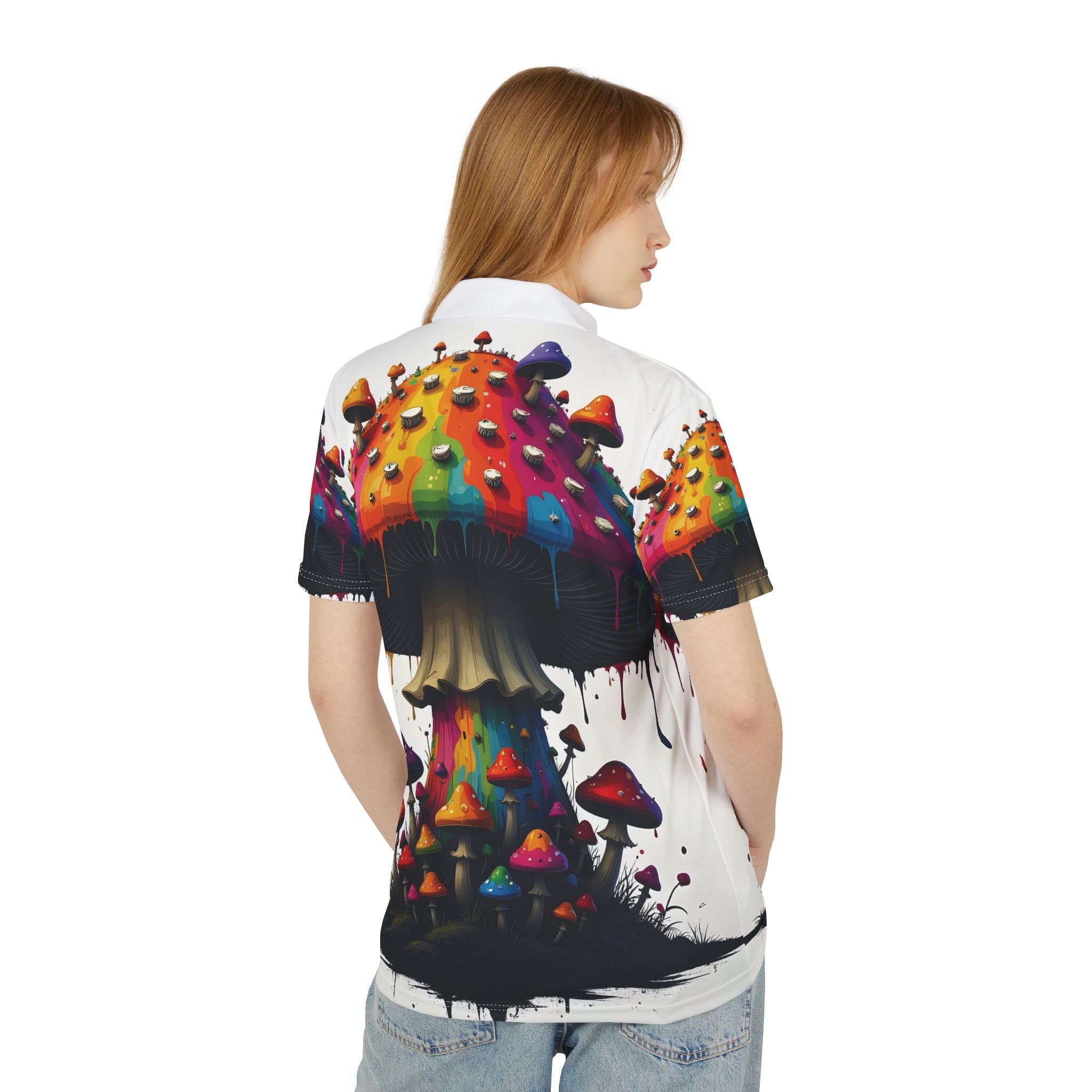 Psychedelic Mushroom Polo Shirt — Colorful Dripping Fungi All-Over Print