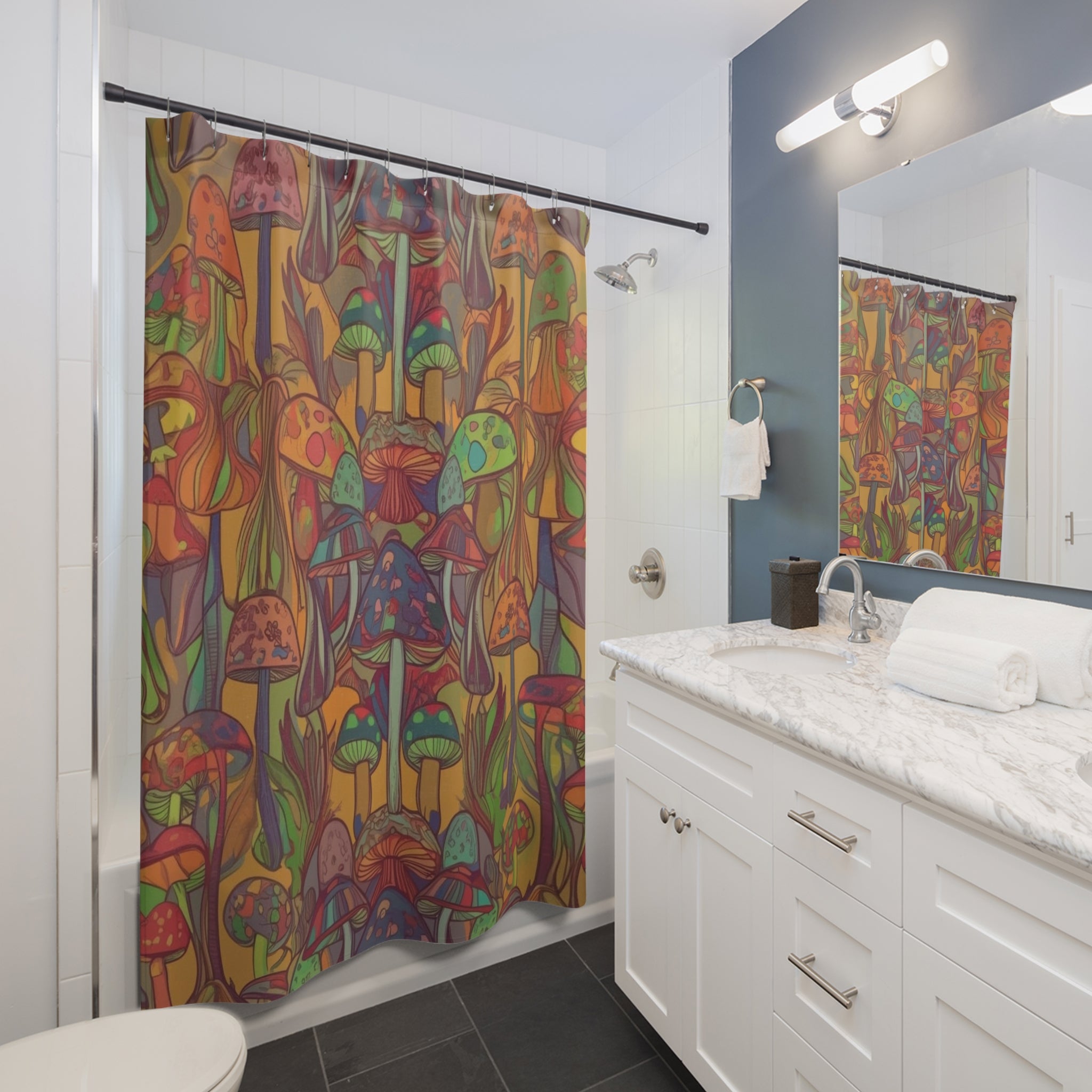 Psychedelic Mushroom Shower Curtain — Colorful Boho Fungi Bathroom Decor