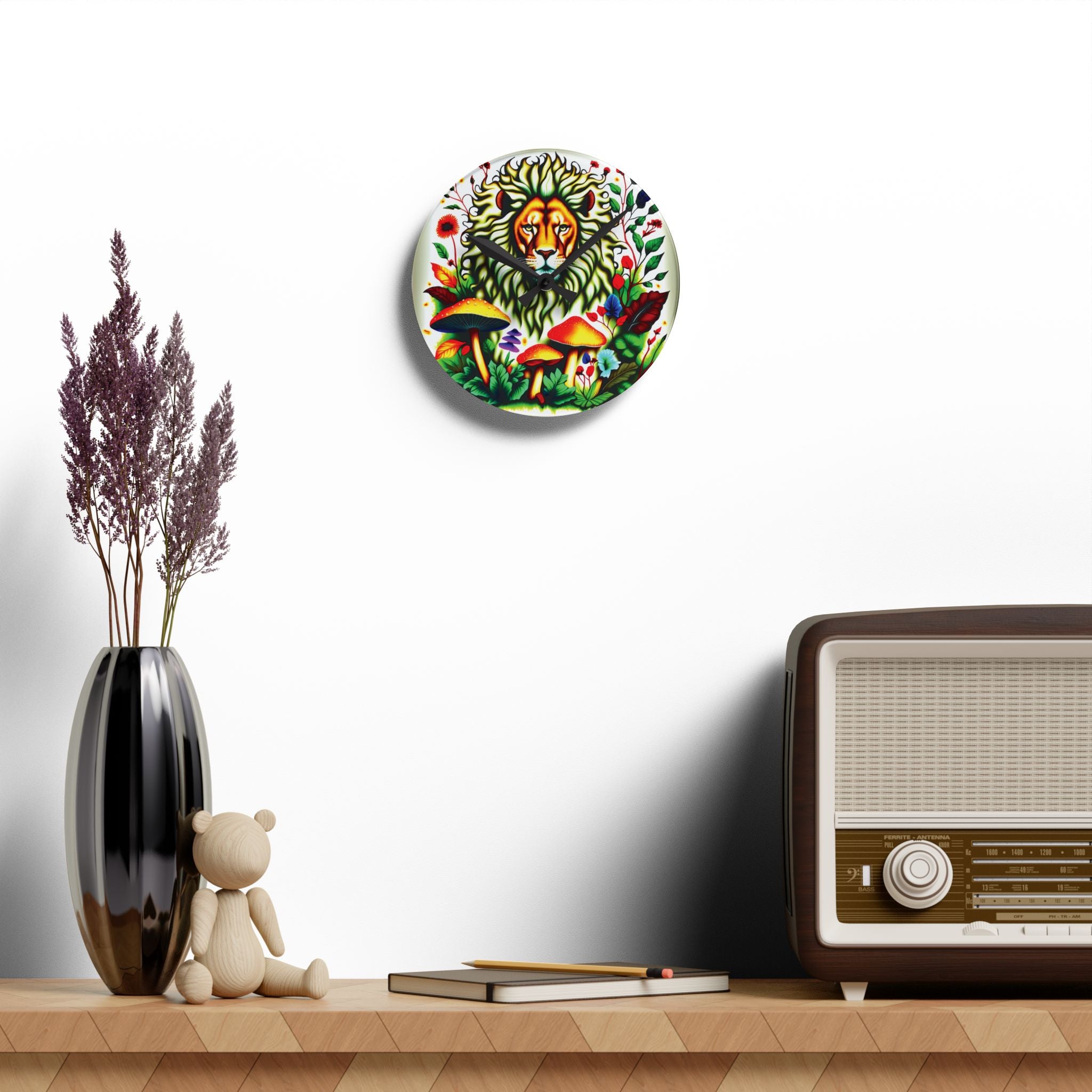 Lion & Mushrooms Acrylic Wall Clock — Colorful Botanical Animal Art