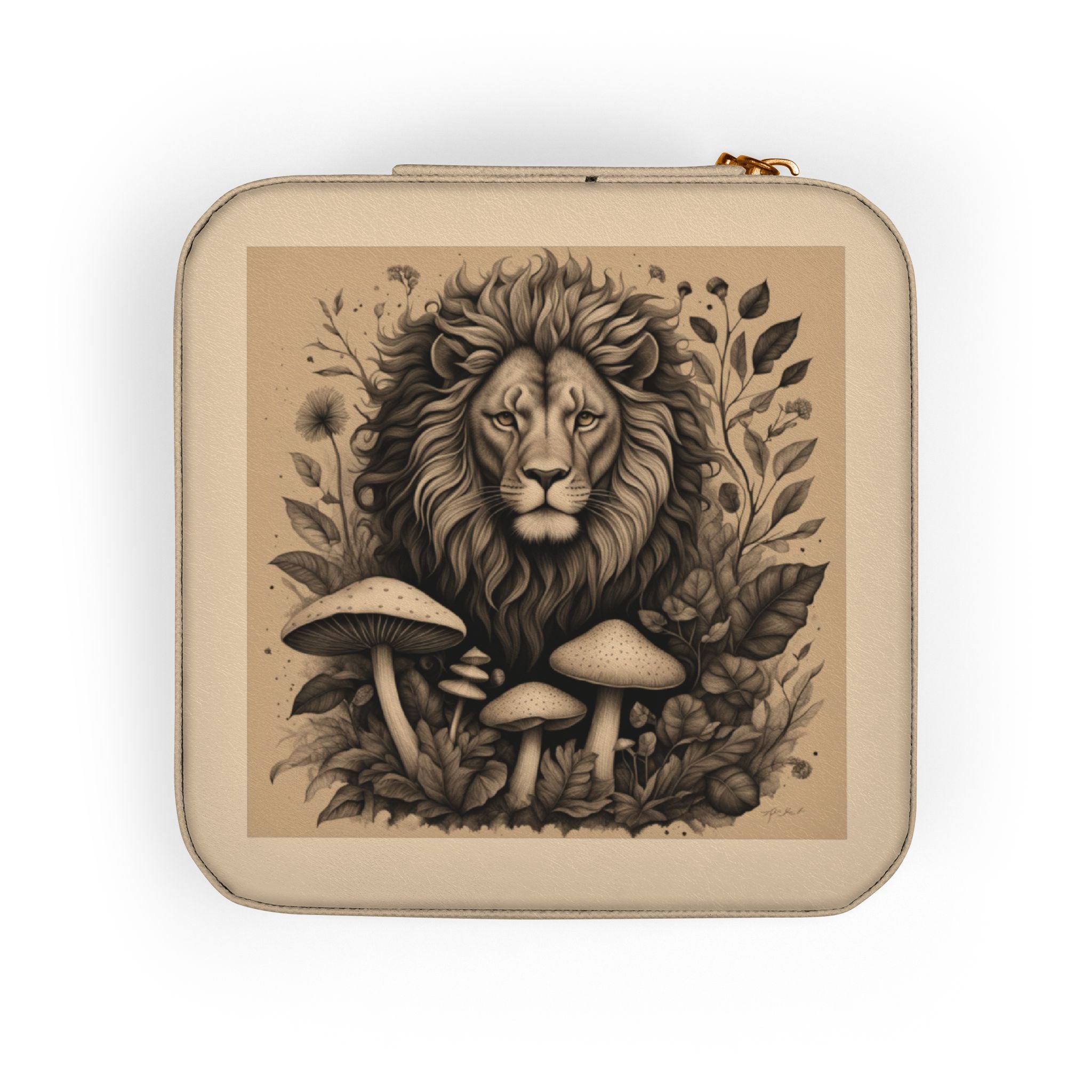 Lion & Mushrooms Jewelry Travel Case — Compact Organizer for Rings, Earrings & Necklaces