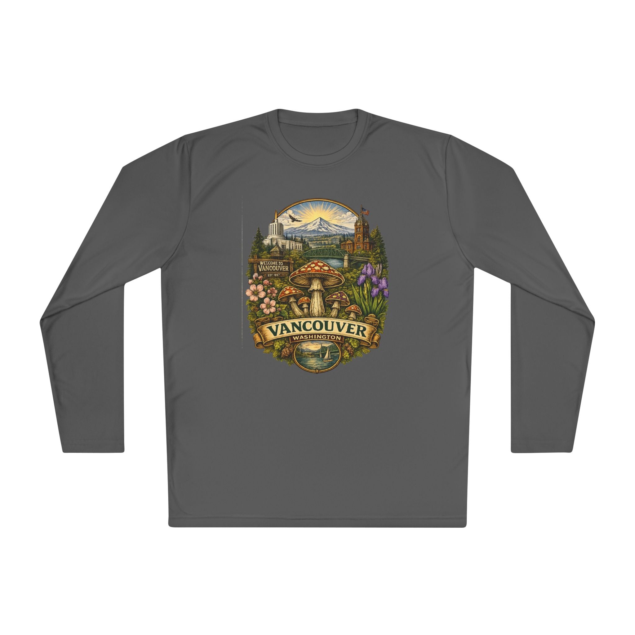 Vancouver Nature Long Sleeve Tee — Scenic Mountains & Mushroom Art
