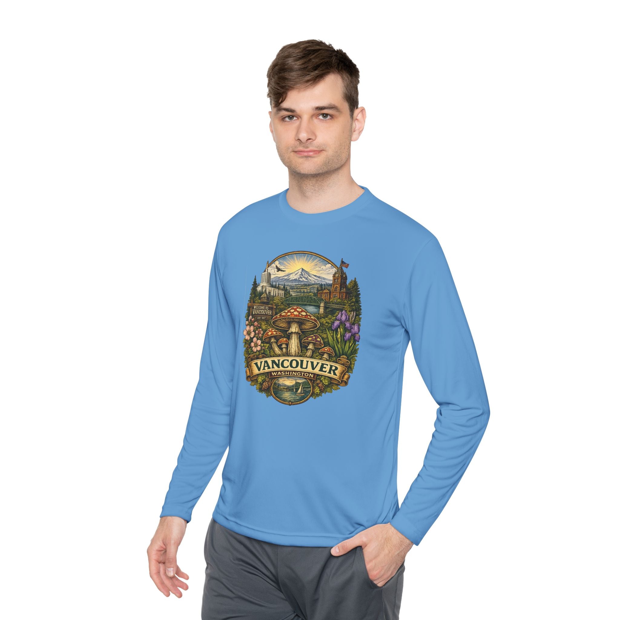 Vancouver Nature Long Sleeve Tee — Scenic Mountains & Mushroom Art