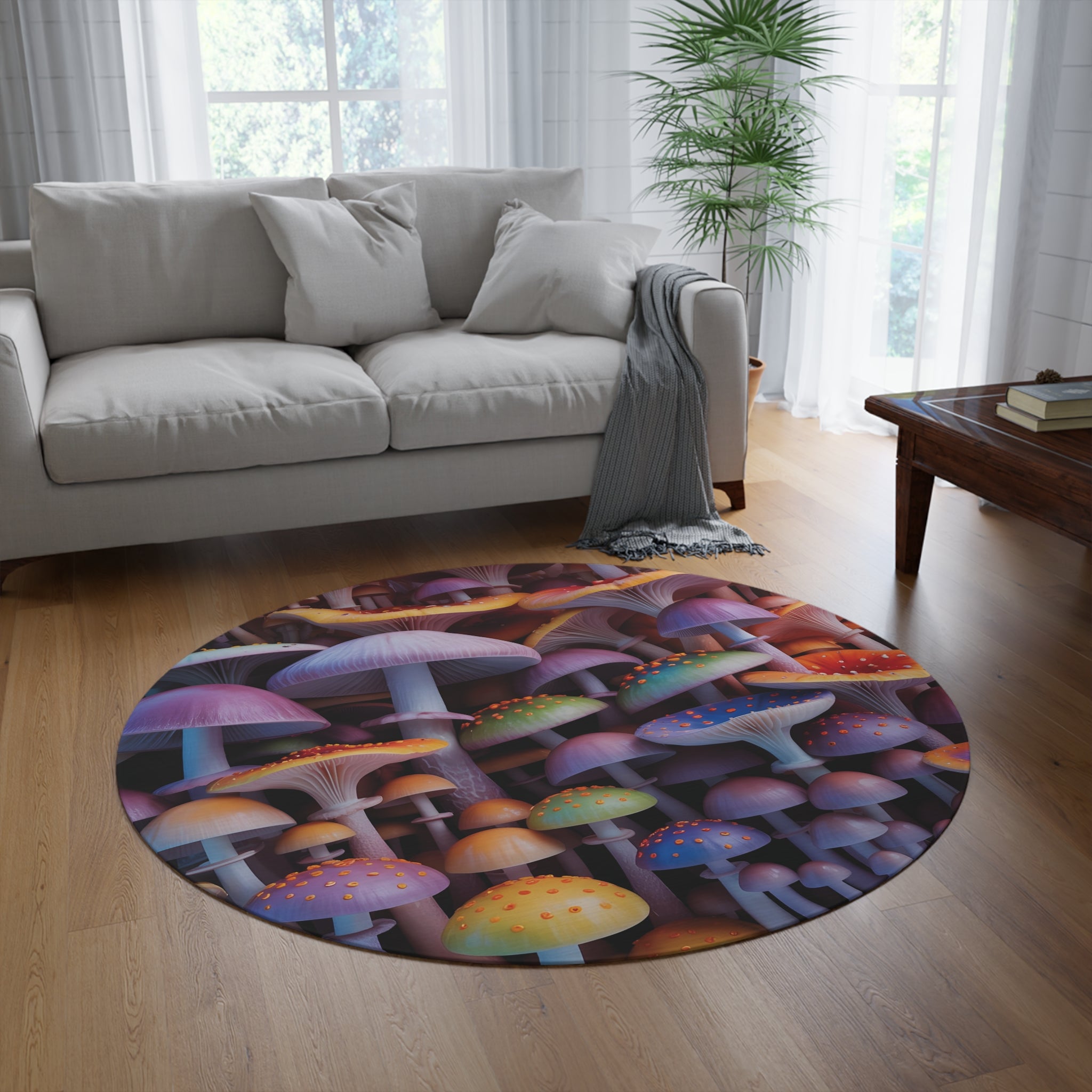 Round Rug: Psychedelic Mushroom Round Rug — Colorful Fantasy Floor Mat for Boho, Kids & Dorm Decor