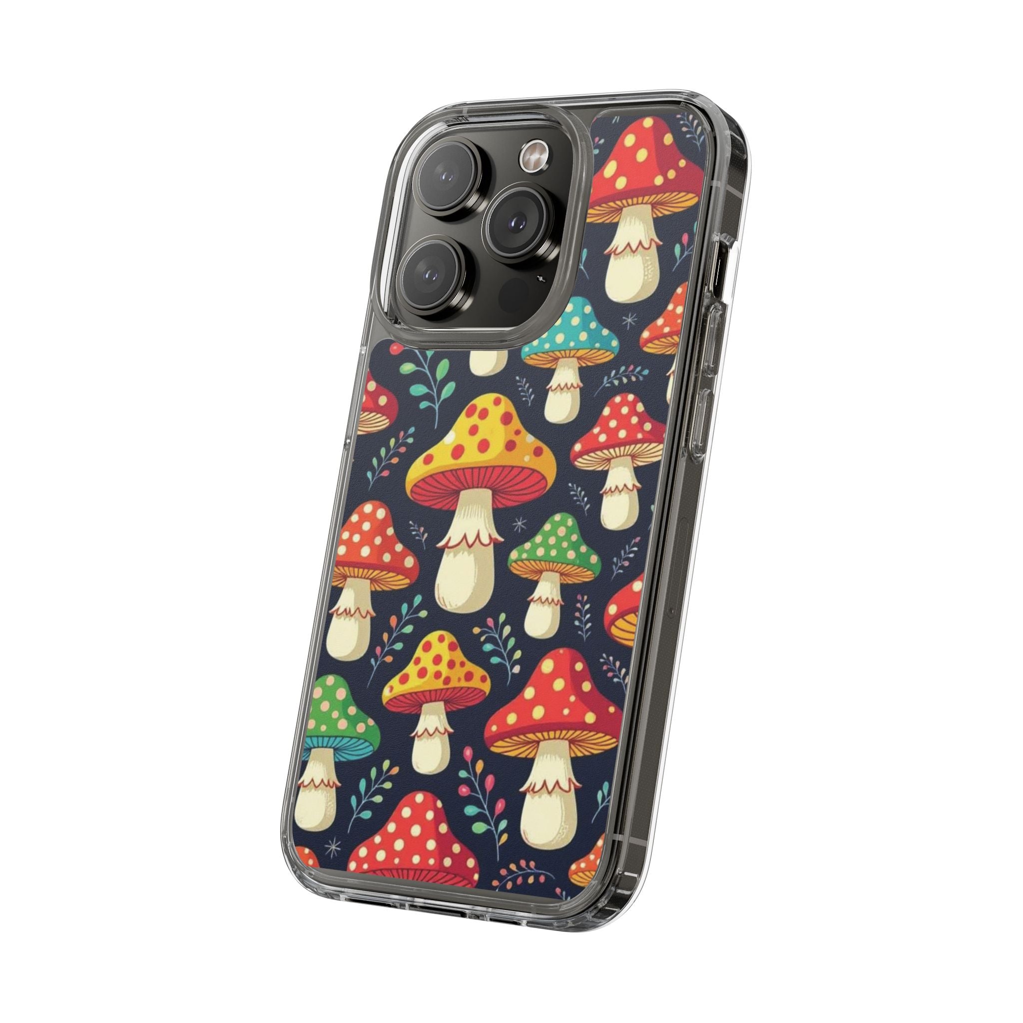 Phone Case: Mushroom Pattern Clear Phone Case — Colorful Toadstool Floral Design