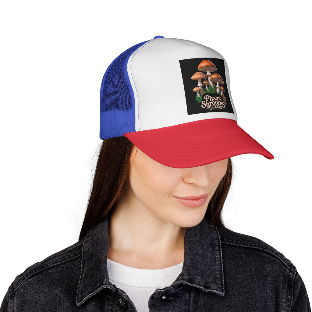 Mushroom Trucker Cap — "Piper's Shrooms" Retro Forest Patch Hat