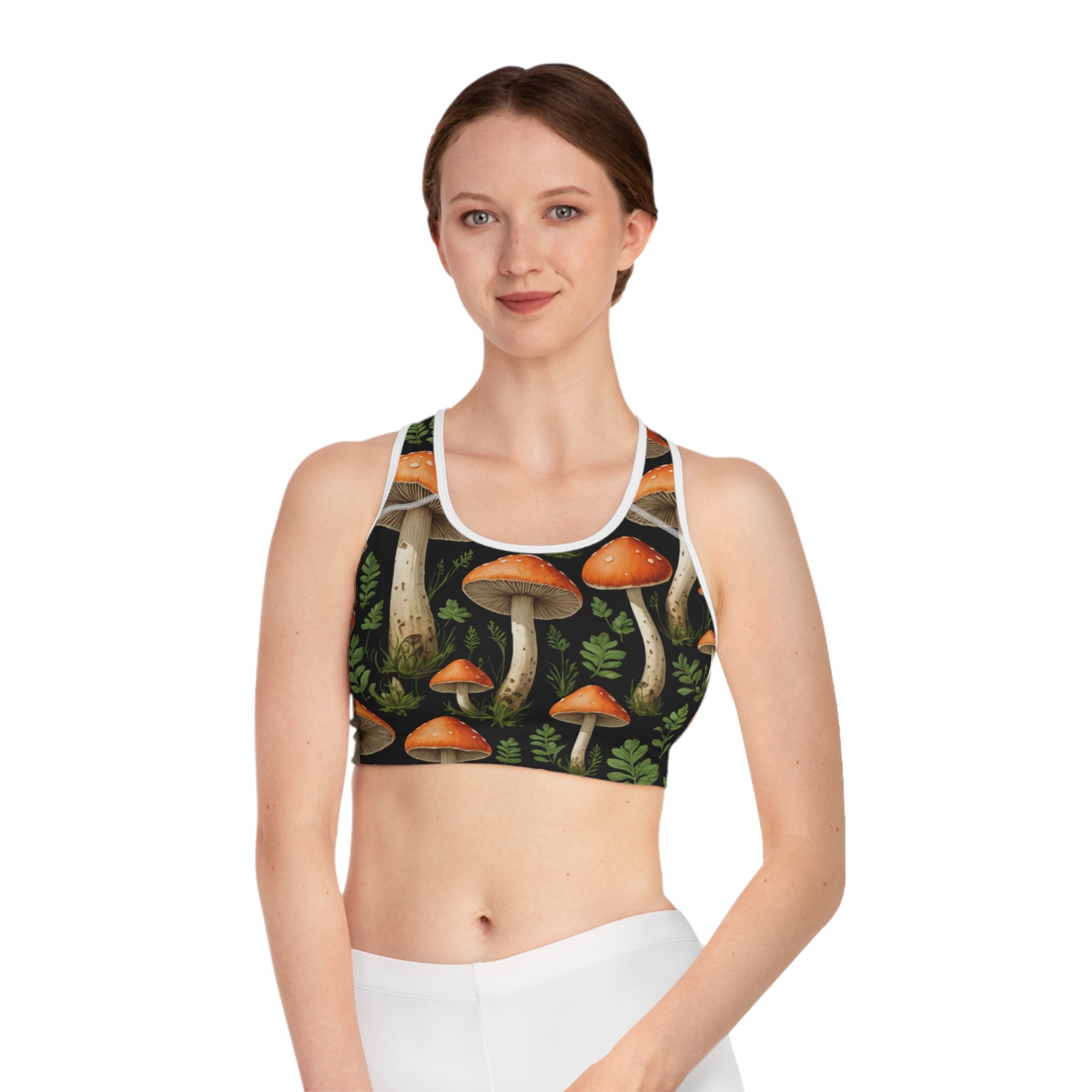 Mushroom Forest Sports Bra — Botanical Orange Toadstool Activewear