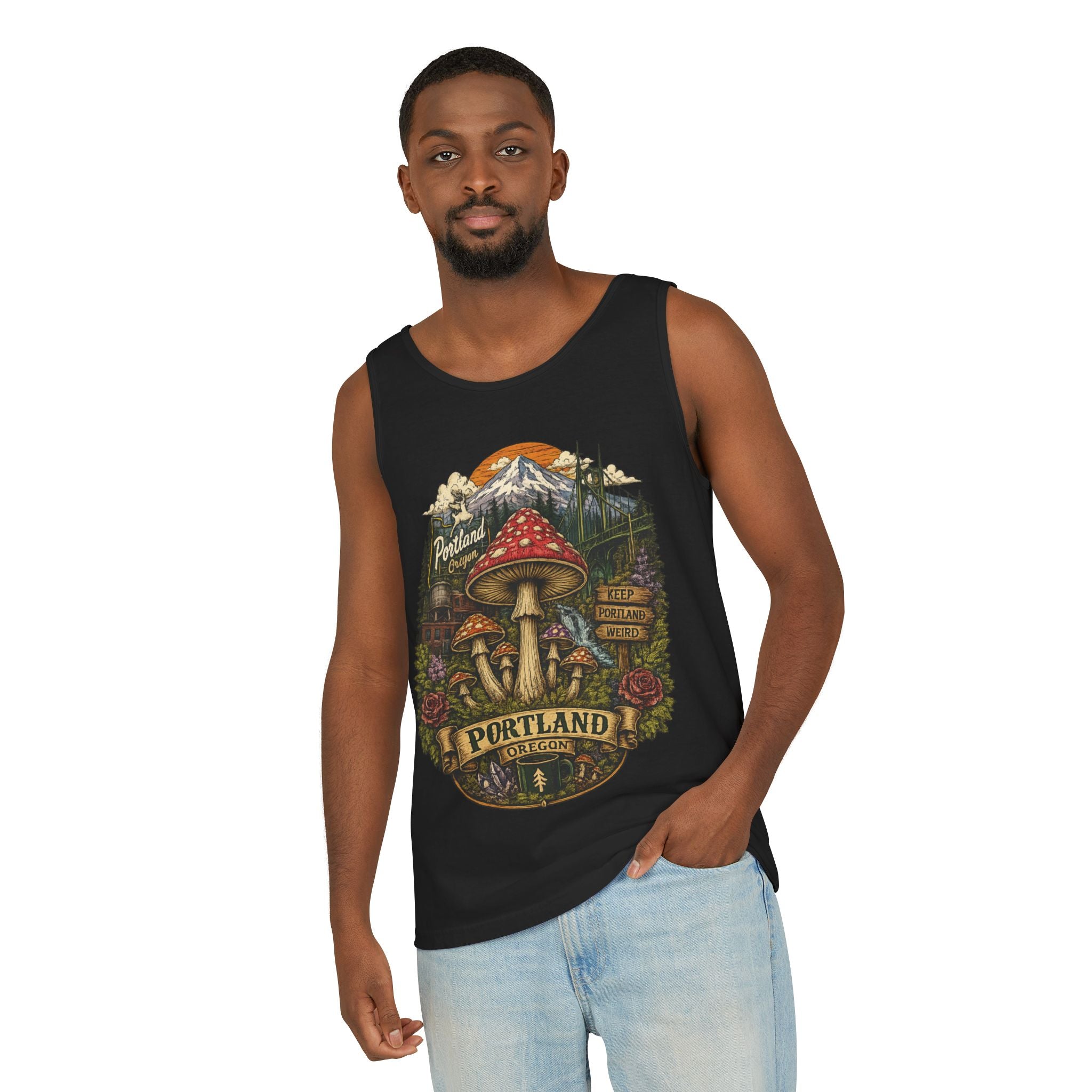 City: Portland Mushroom Tank Top — Vintage Forest Travel Graphic