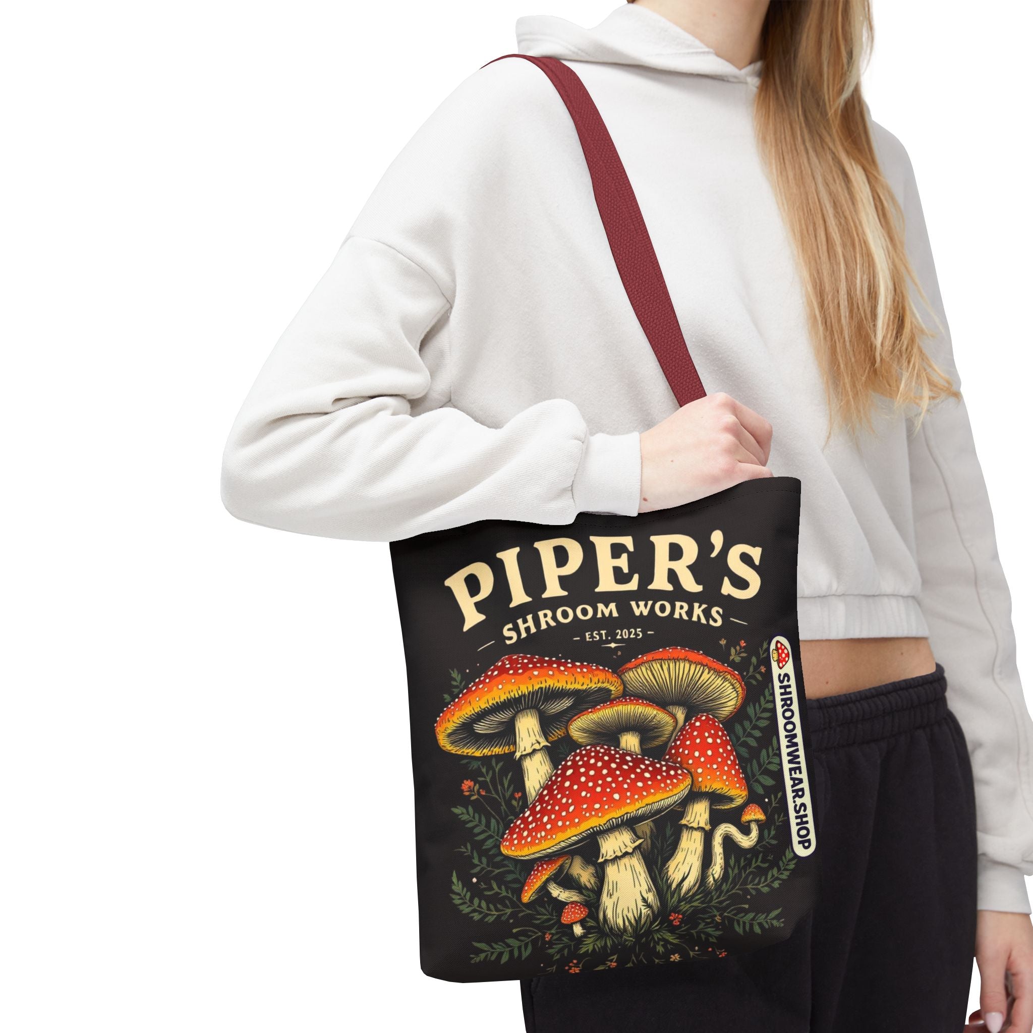 Bag: Mushroom Tote Bag — “Piper’s Shroom Works” Vintage Fungi Market Tote