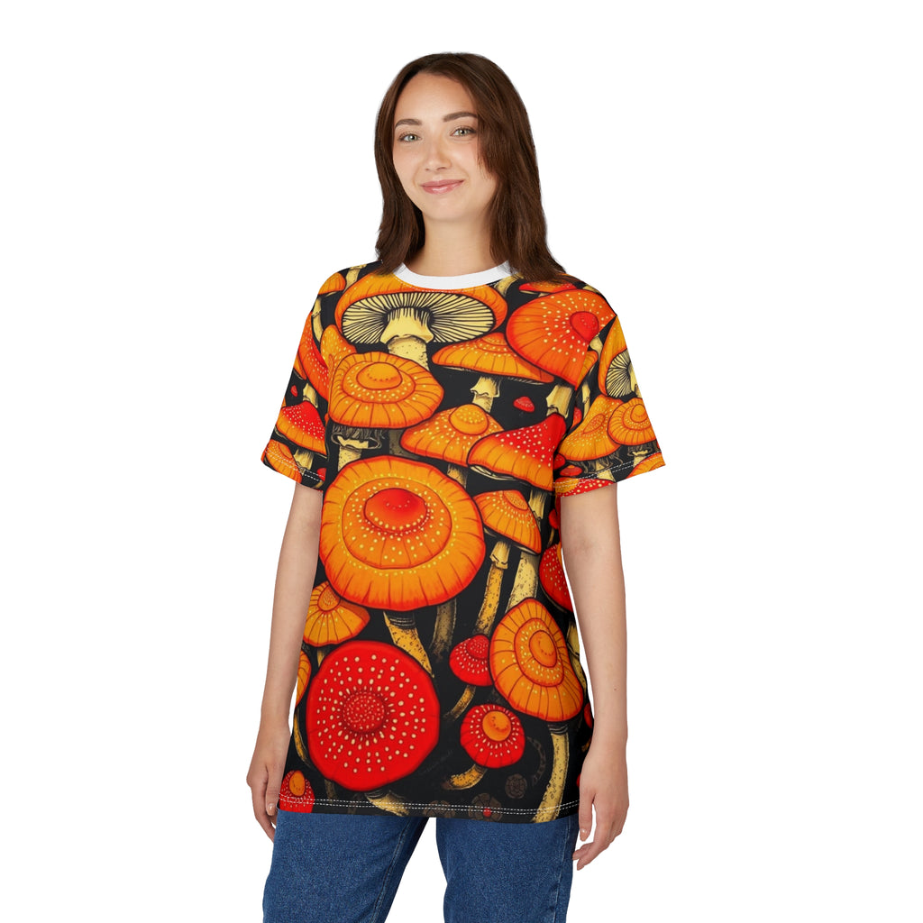 Camiseta con estampado completo de hongos psicodélicos anaranjados