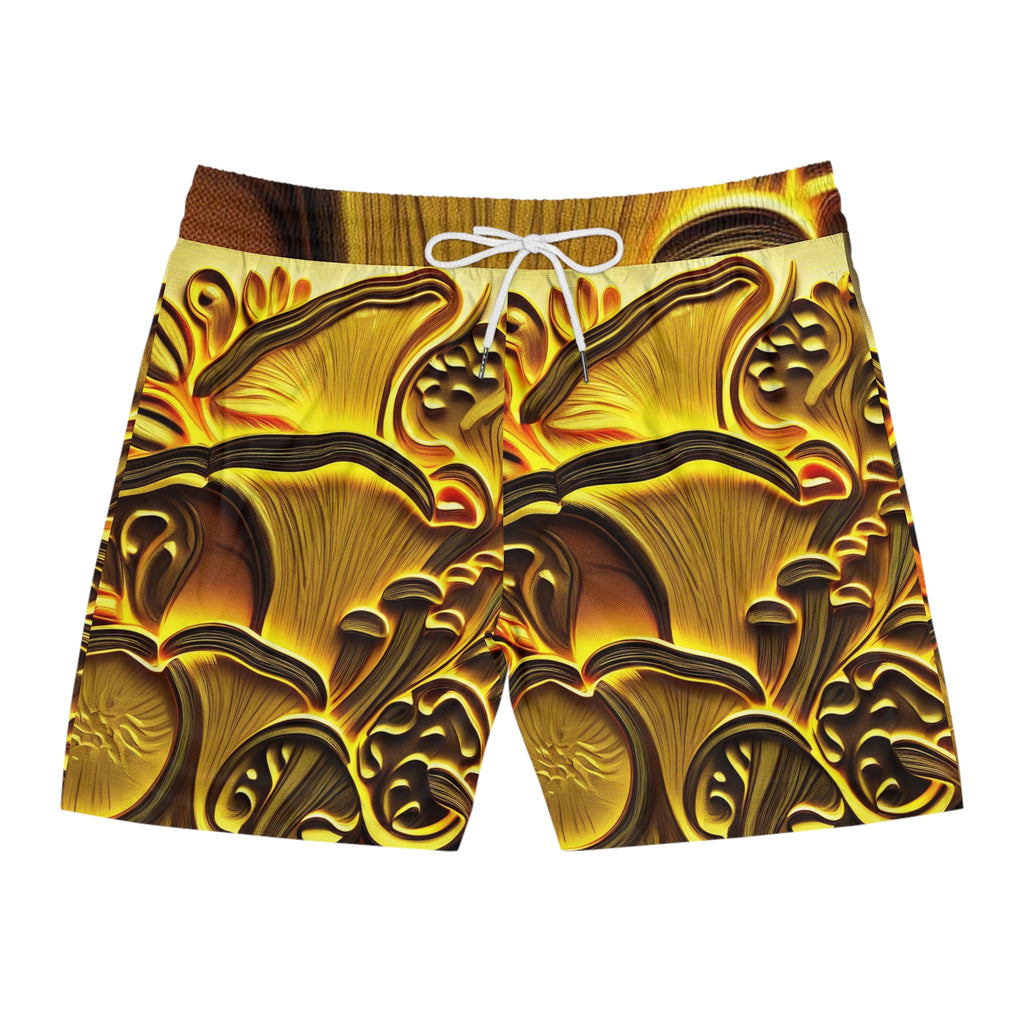 Golden Mushroom Print Swim Shorts — Men’s Mid-Length Tropical Boardshorts