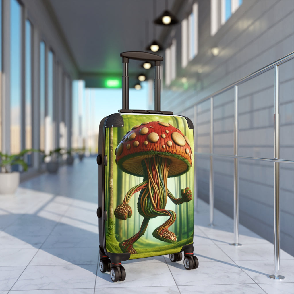 Move Like a Mycelial Boss Travel Case Travel with Attitude Shroom Stomp Carry-On showcasing a vibrant mushroom design.