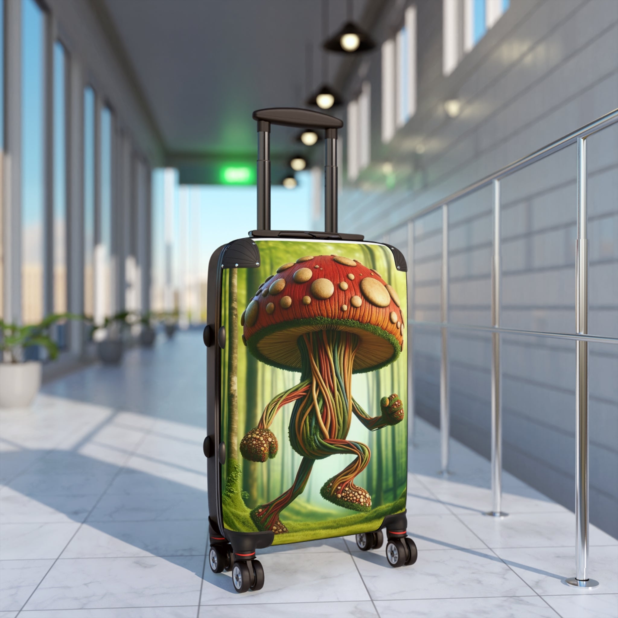 Move Like a Mycelial Boss Travel Case Travel with Attitude Shroom Stomp Carry-On showcasing a vibrant mushroom design.