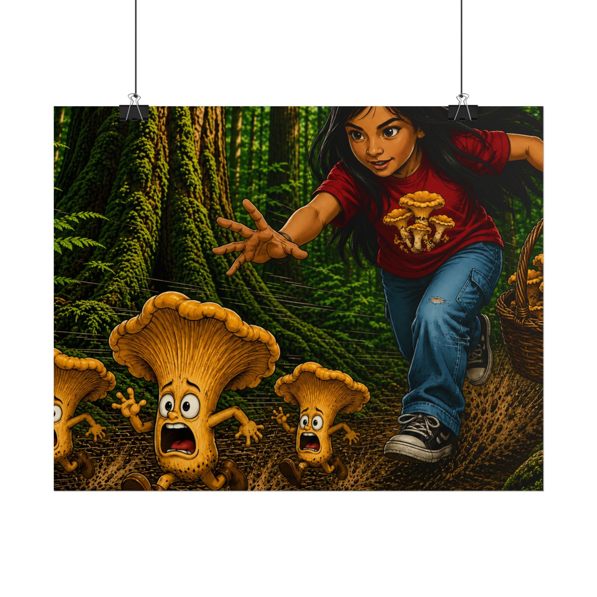 Rolled Poster: Girl Chasing Animated Mushrooms Forest Art Print