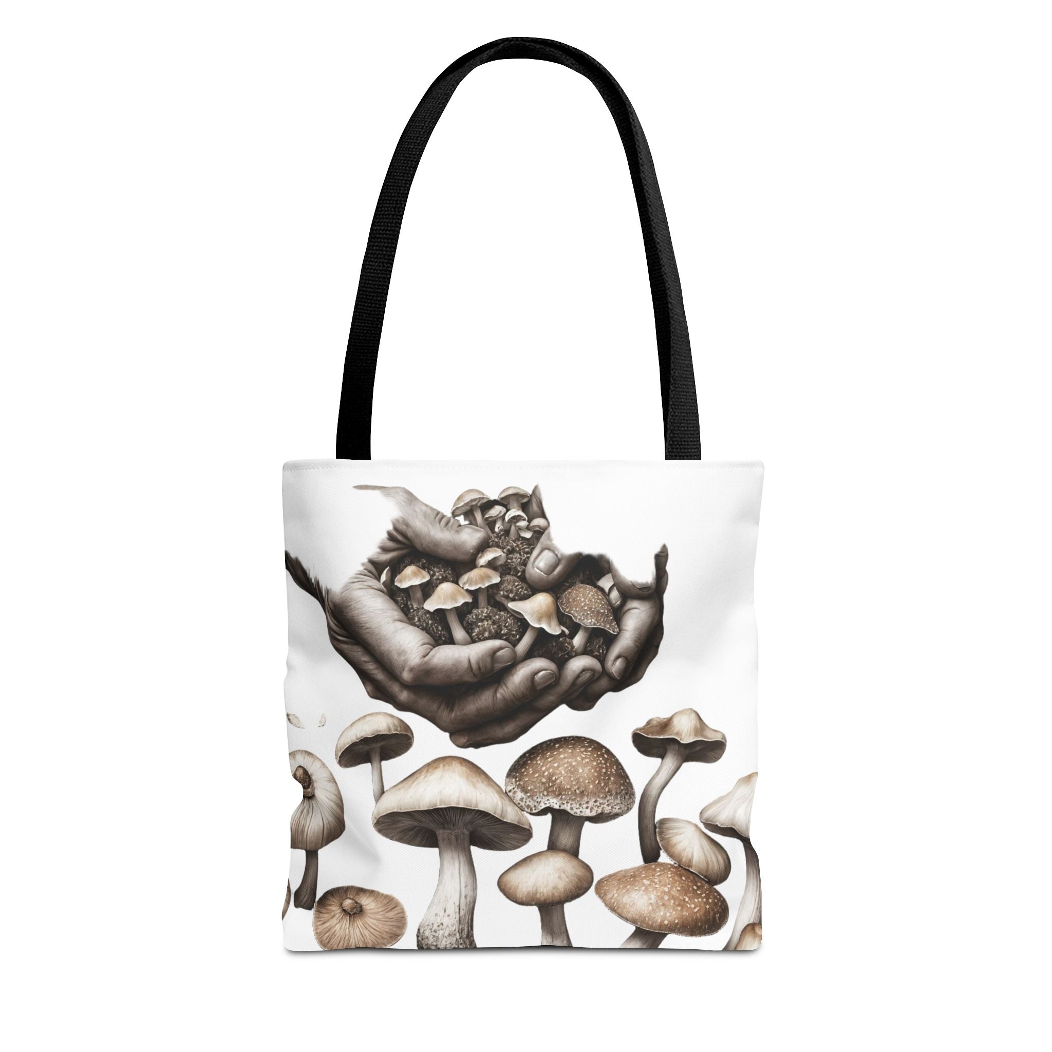 Mushroom Garden Tote Bag — Hand-Held Fungi Illustration All-Over Print