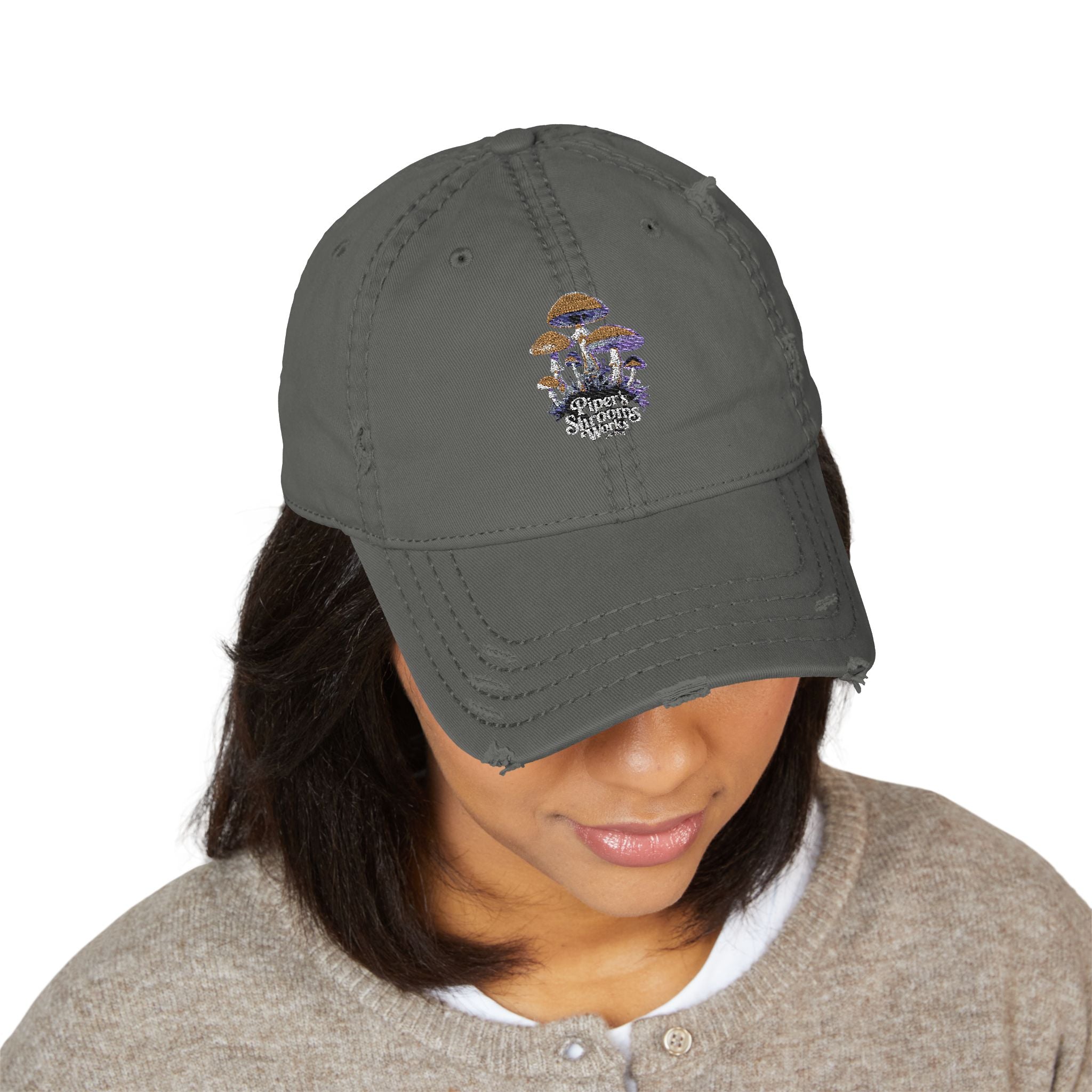 Embroidered Mushroom Skull Distressed Dad Hat — Vintage Trucker Cap for Mushroom Lovers
