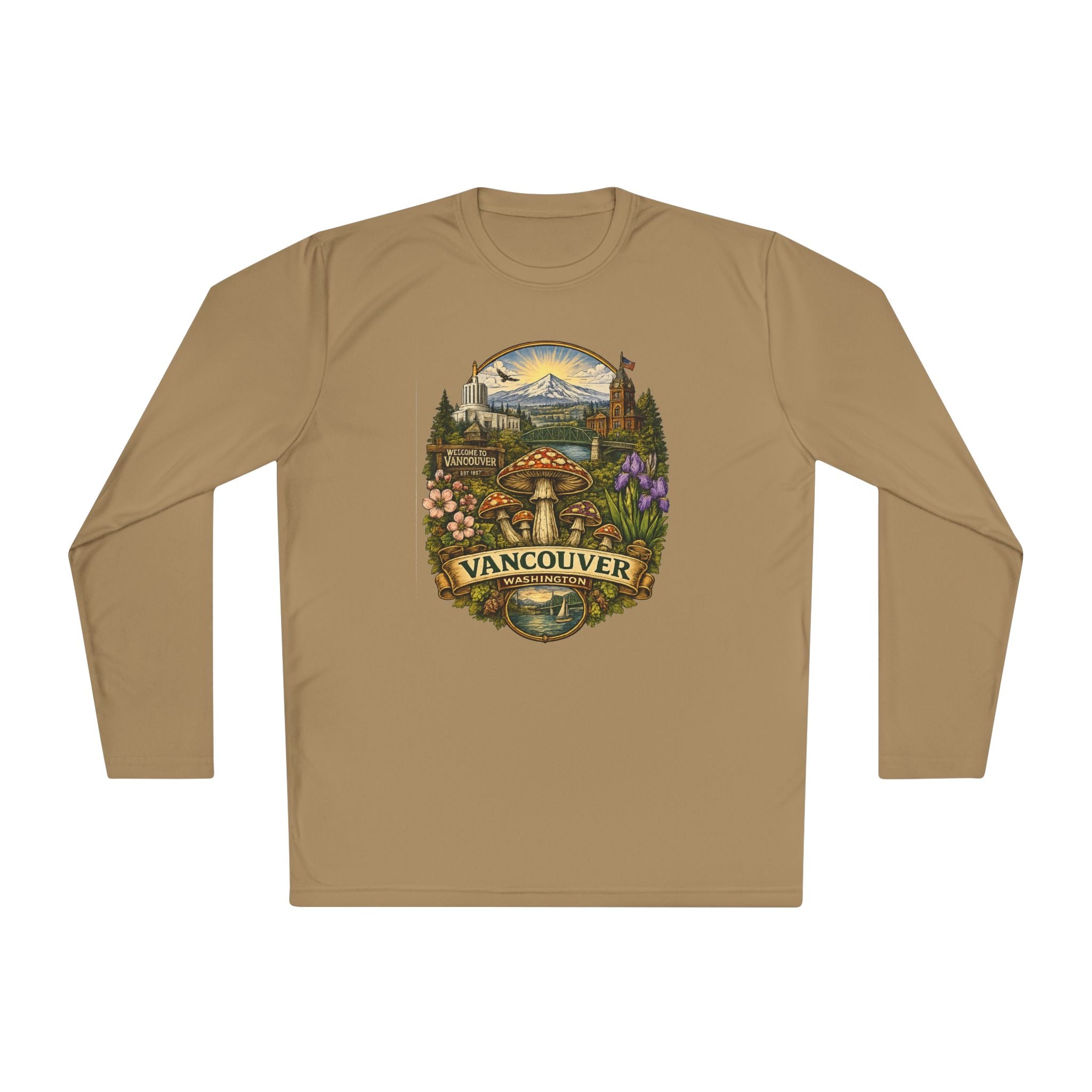 Vancouver Nature Long Sleeve Tee — Scenic Mountains & Mushroom Art