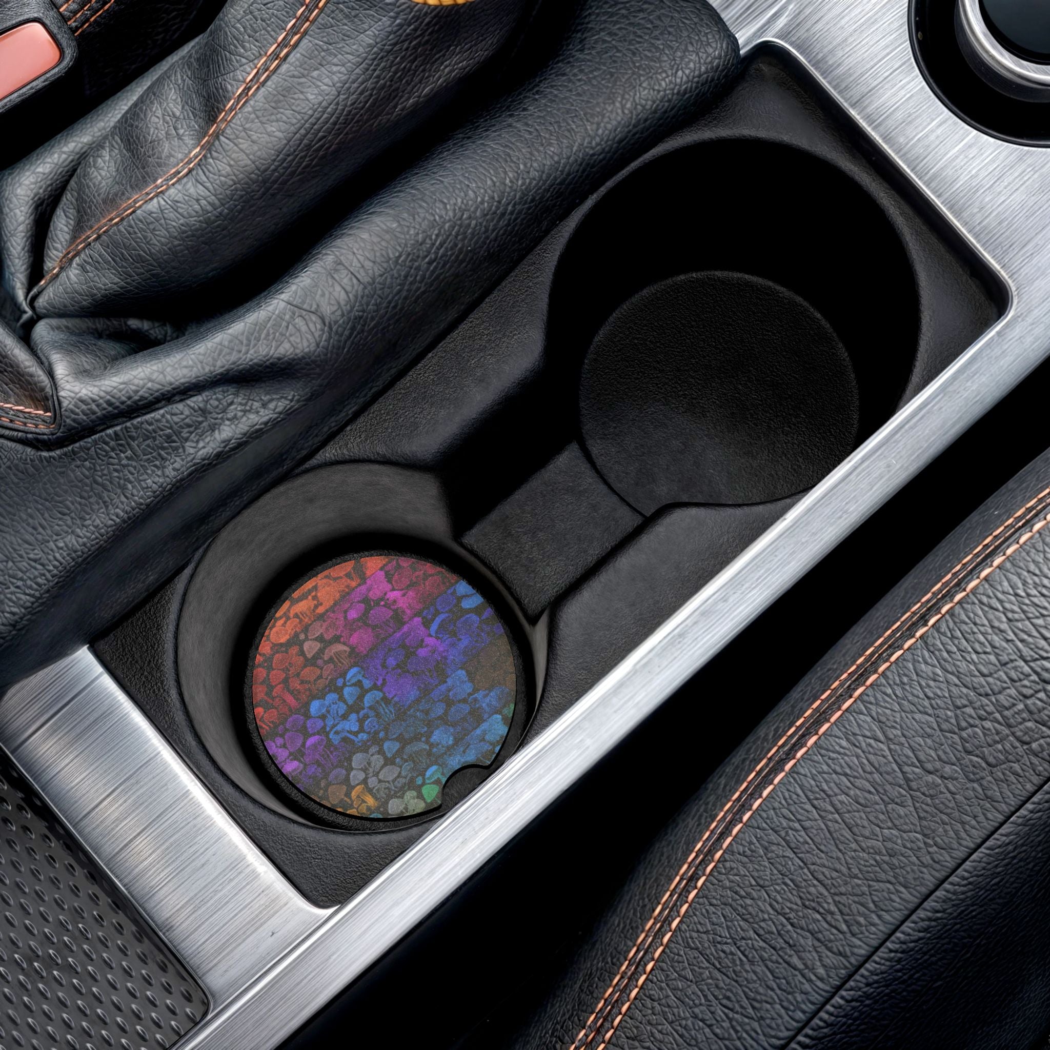 Rainbow Mushroom Soapstone Car Coaster — Colorful Stone Texture Drink Holder