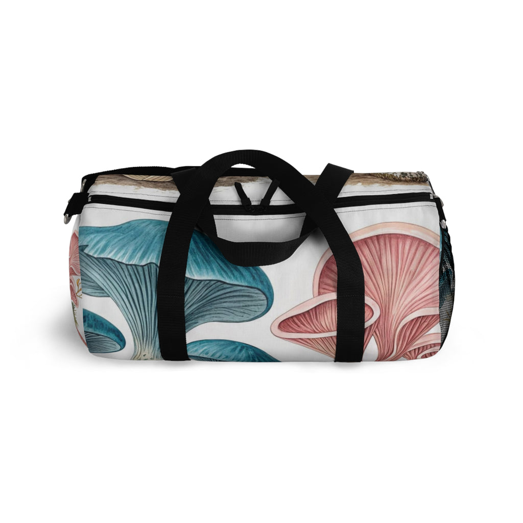 Mushroom Garden Duffel Bag — Botanical Blue & Pink Fungi Travel Bag