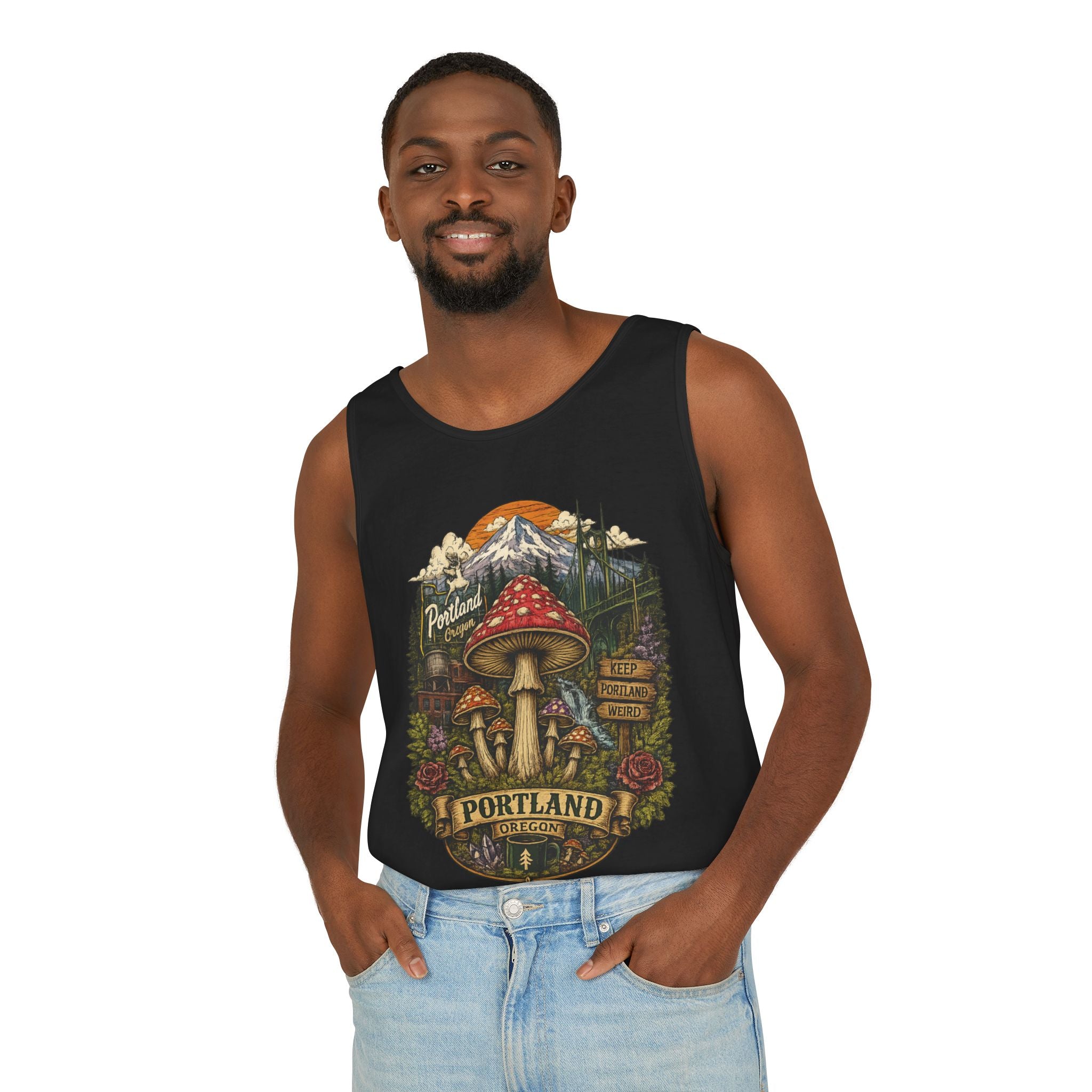 City: Portland Mushroom Tank Top — Vintage Forest Travel Graphic