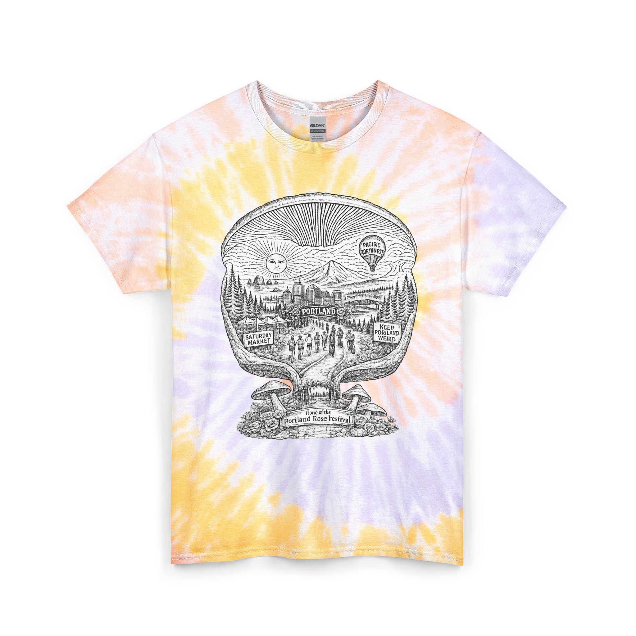 Tie-Dye T-Shirt — Vintage Mushroom Skull Scenic Print (Farmers Market Map)