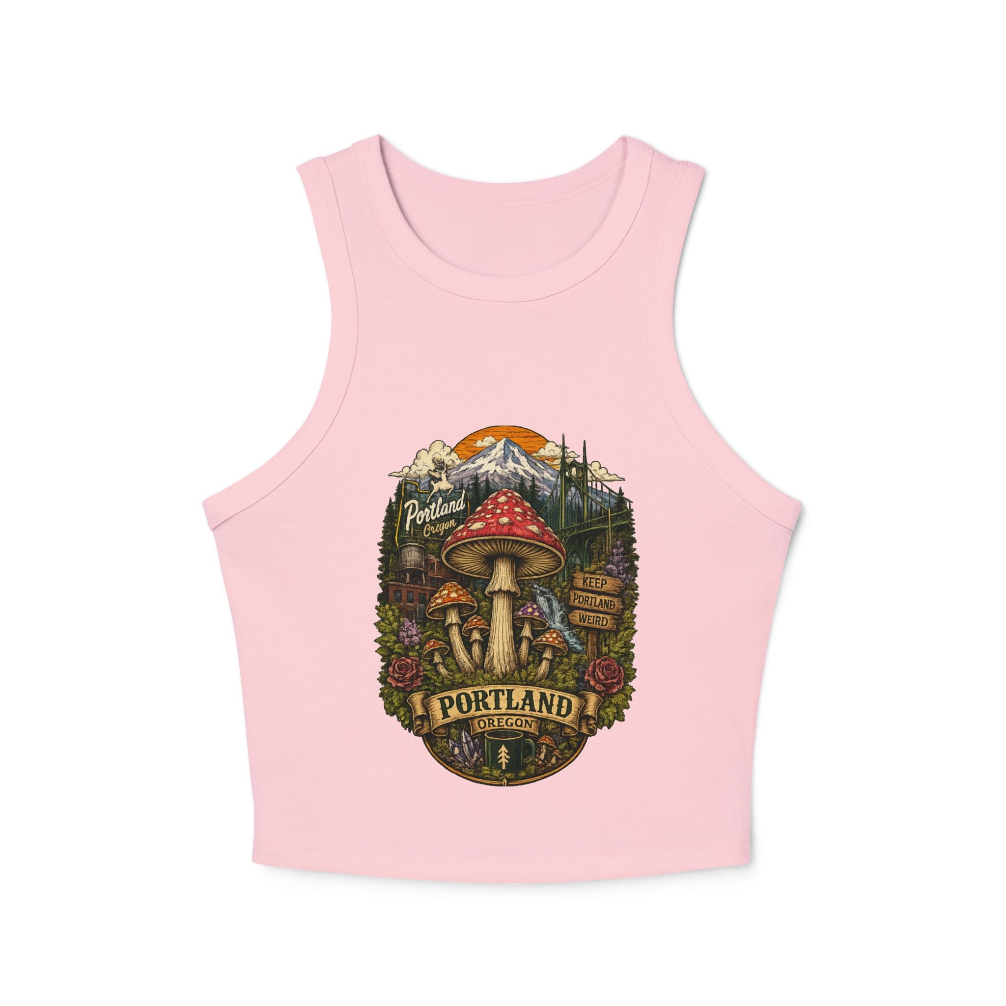 Portland Mushroom Graphic Tank — Women's Crop Racerback Tank Top