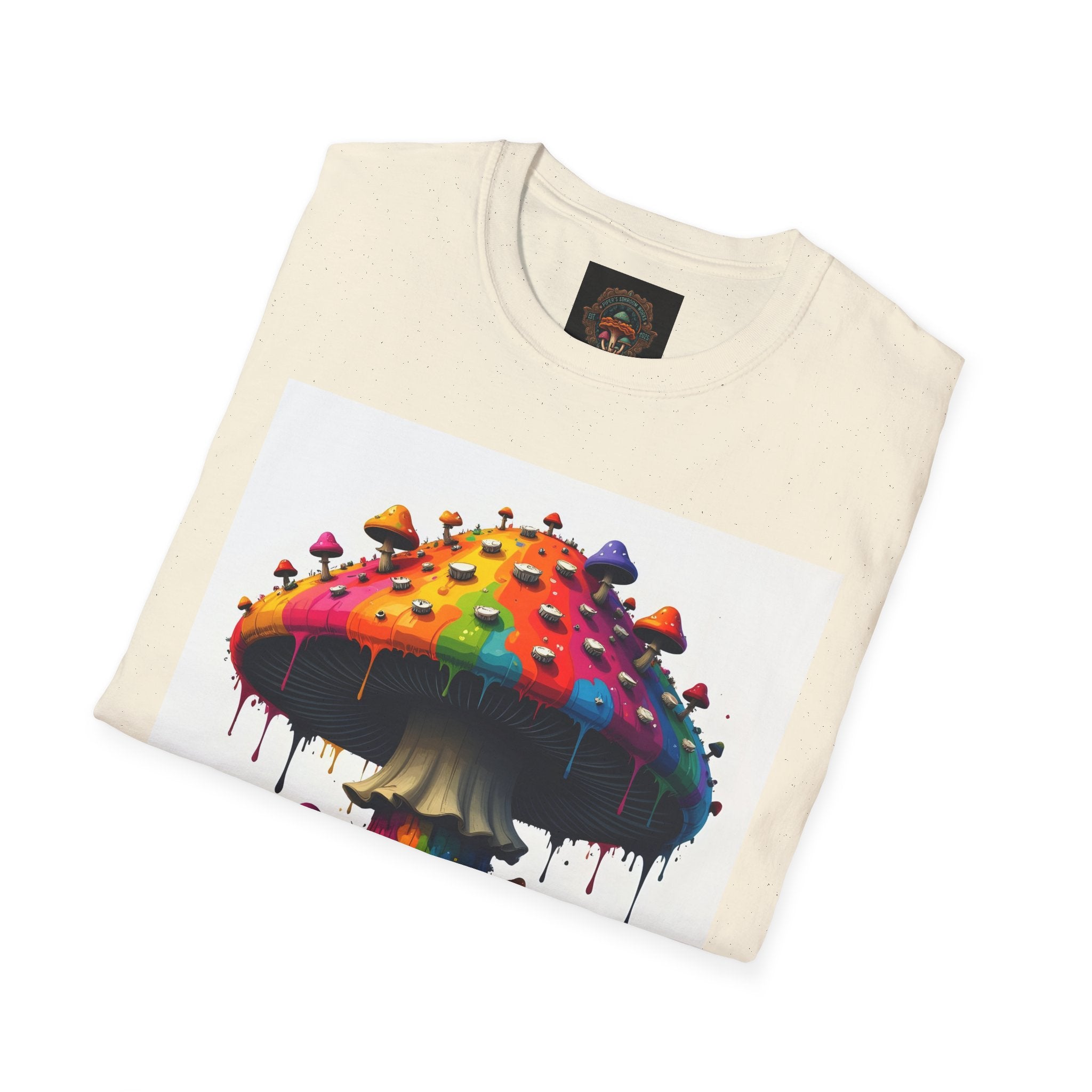 Piper's Shroom Works T-Shirt — Rainbow Drip Mushroom Graphic Tee