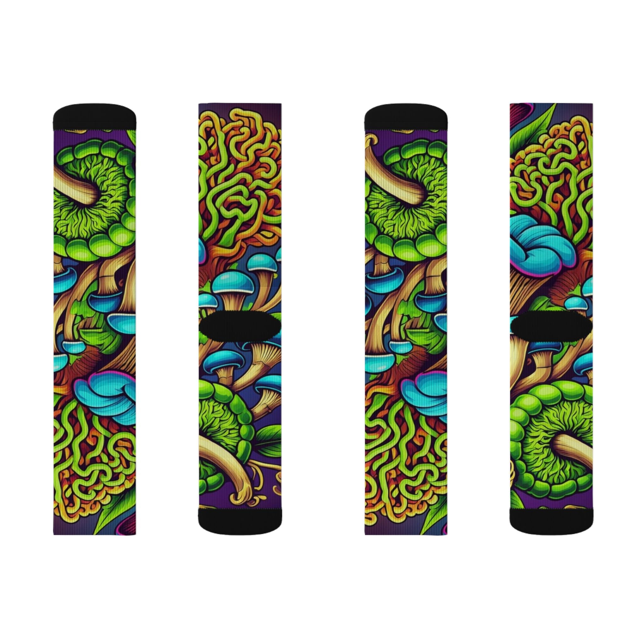 Socks: Psychedelic Mushroom Socks — Vibrant Green Fungi Sublimation Crew Socks