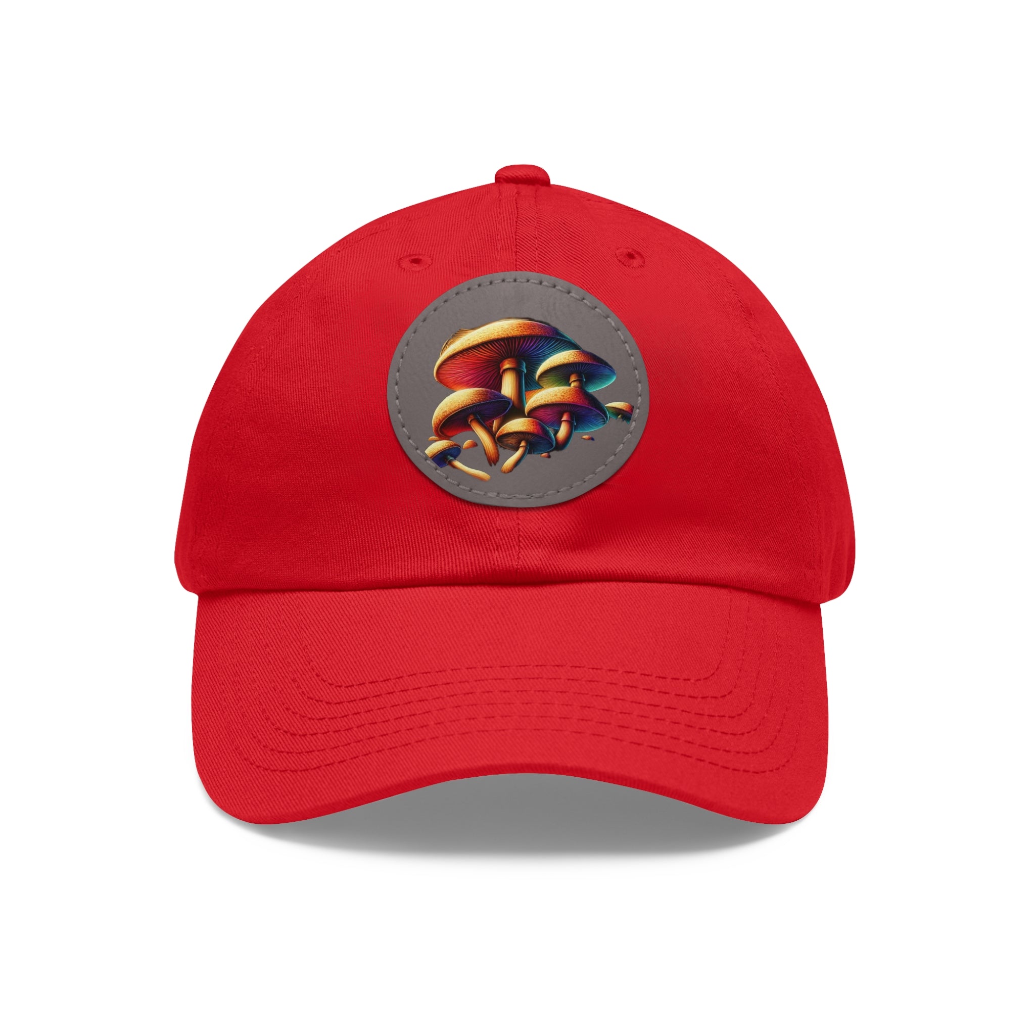 Mushroom Patch Dad Hat — Colorful Psychedelic Fungi Leather Patch Cap