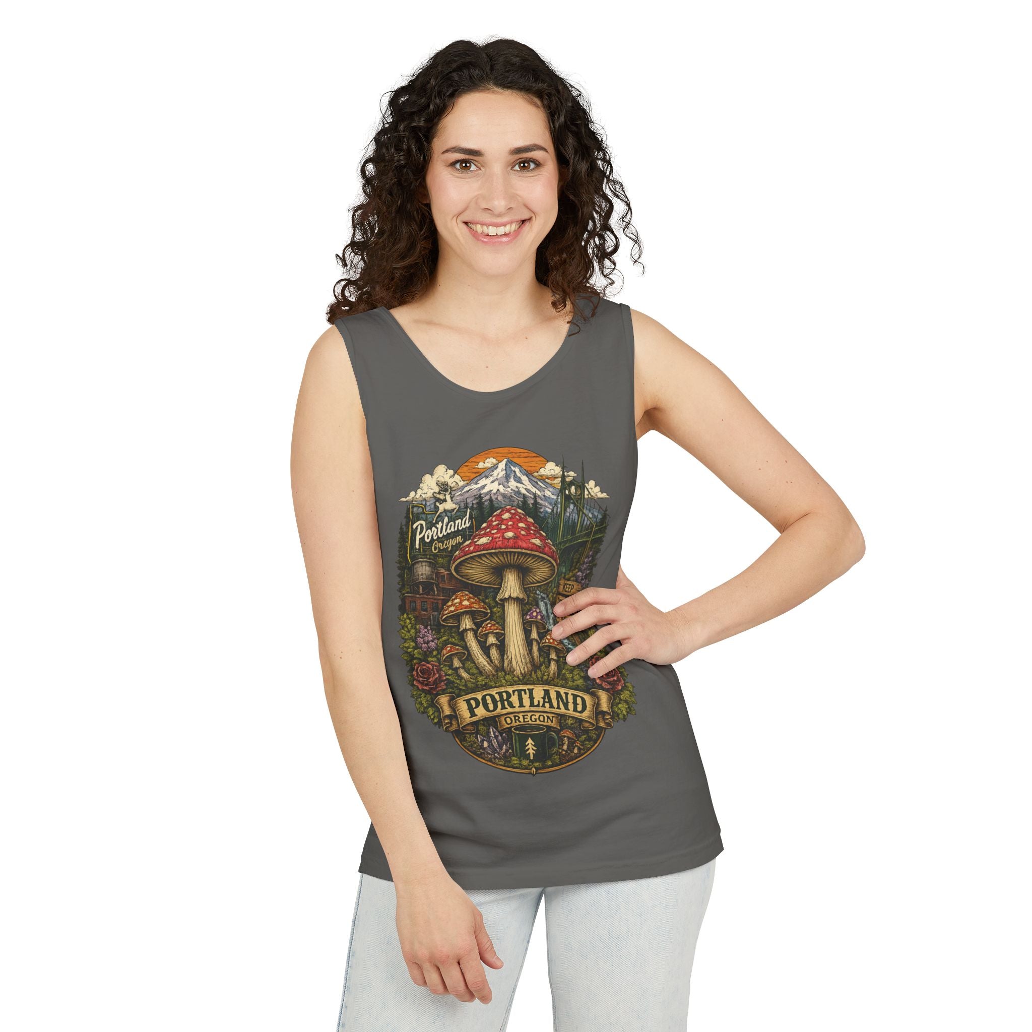 City: Portland Mushroom Tank Top — Vintage Forest Travel Graphic