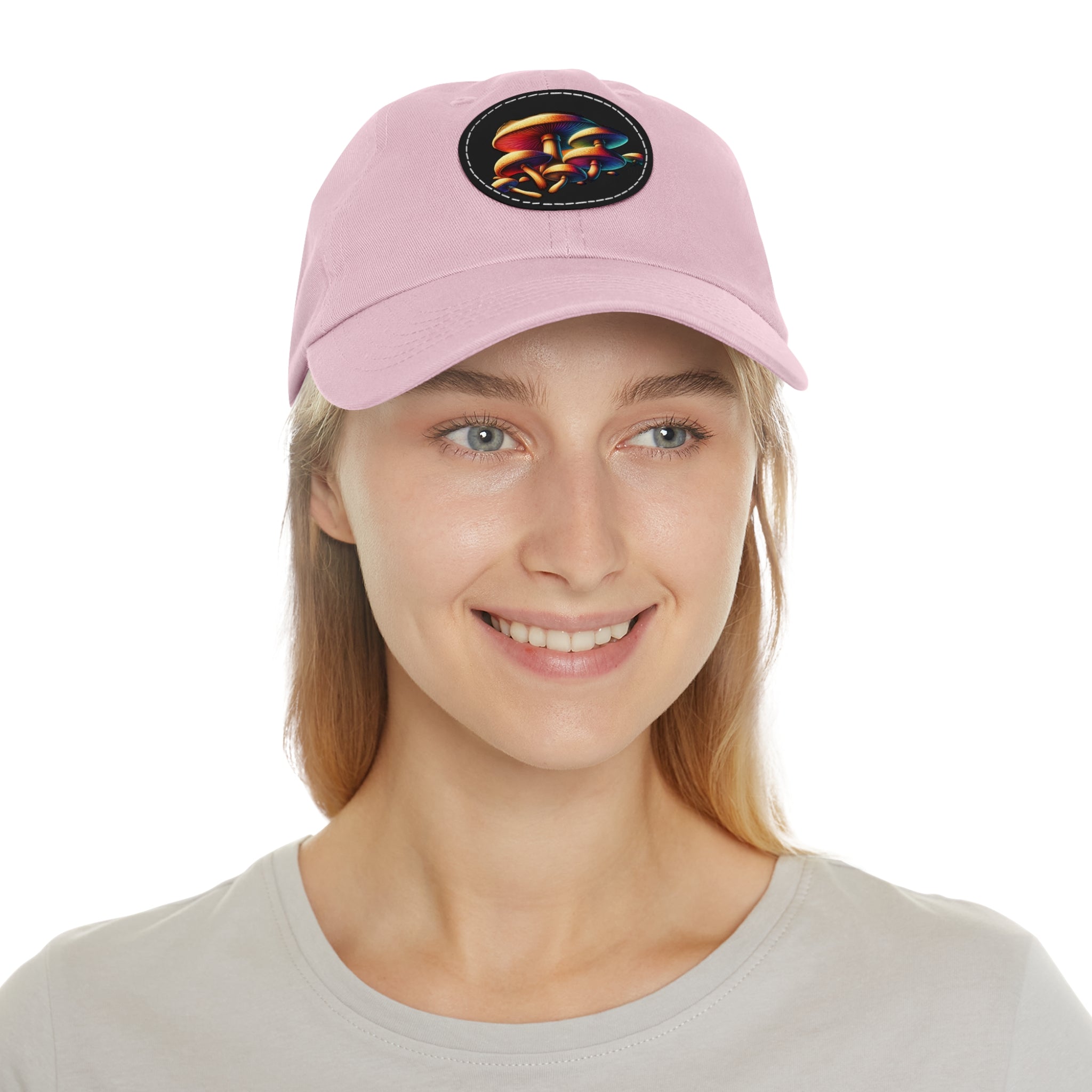 Mushroom Patch Dad Hat — Colorful Psychedelic Fungi Leather Patch Cap