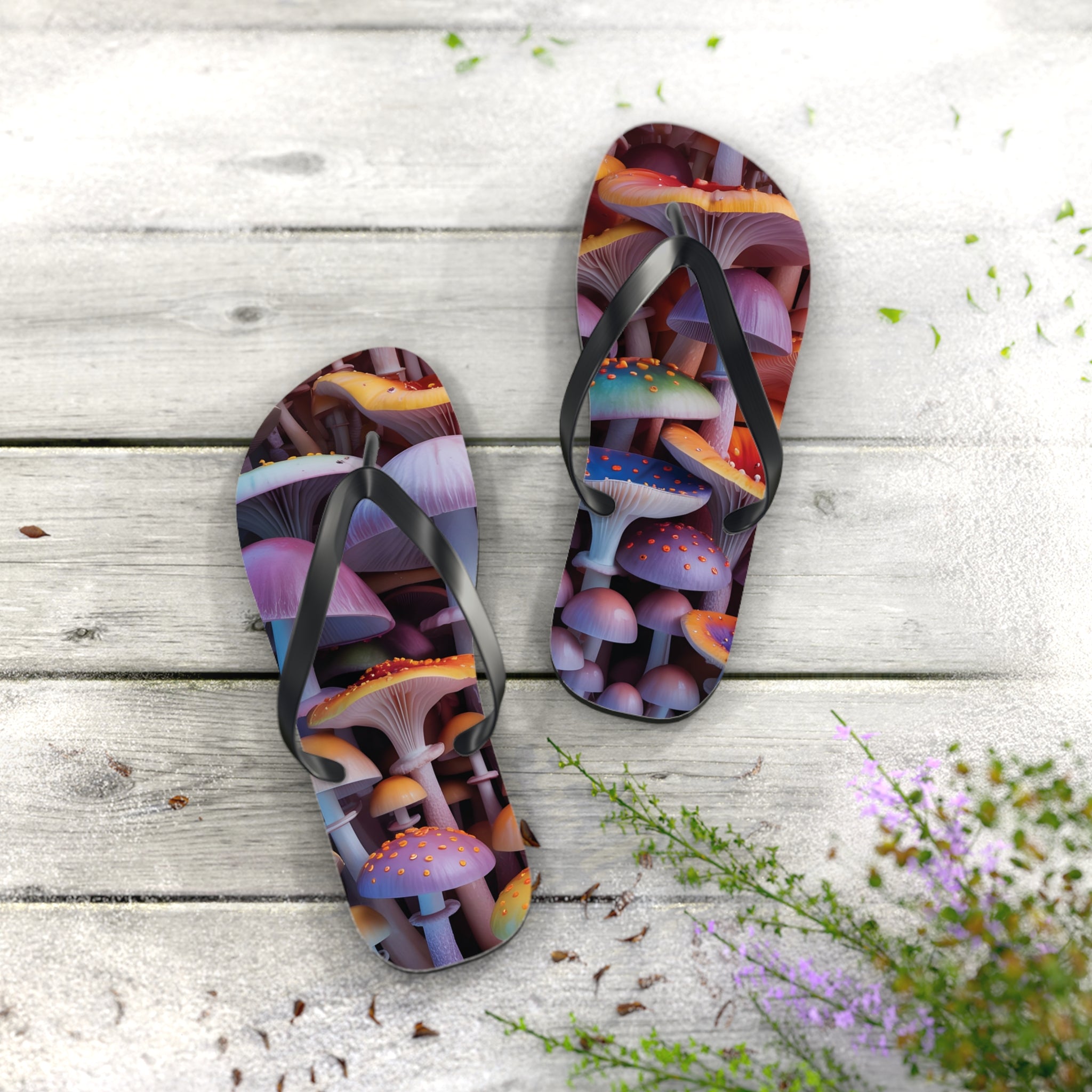 Flops: Psychedelic Mushroom Flip Flops - Colorful Fantasy Beach Sandals