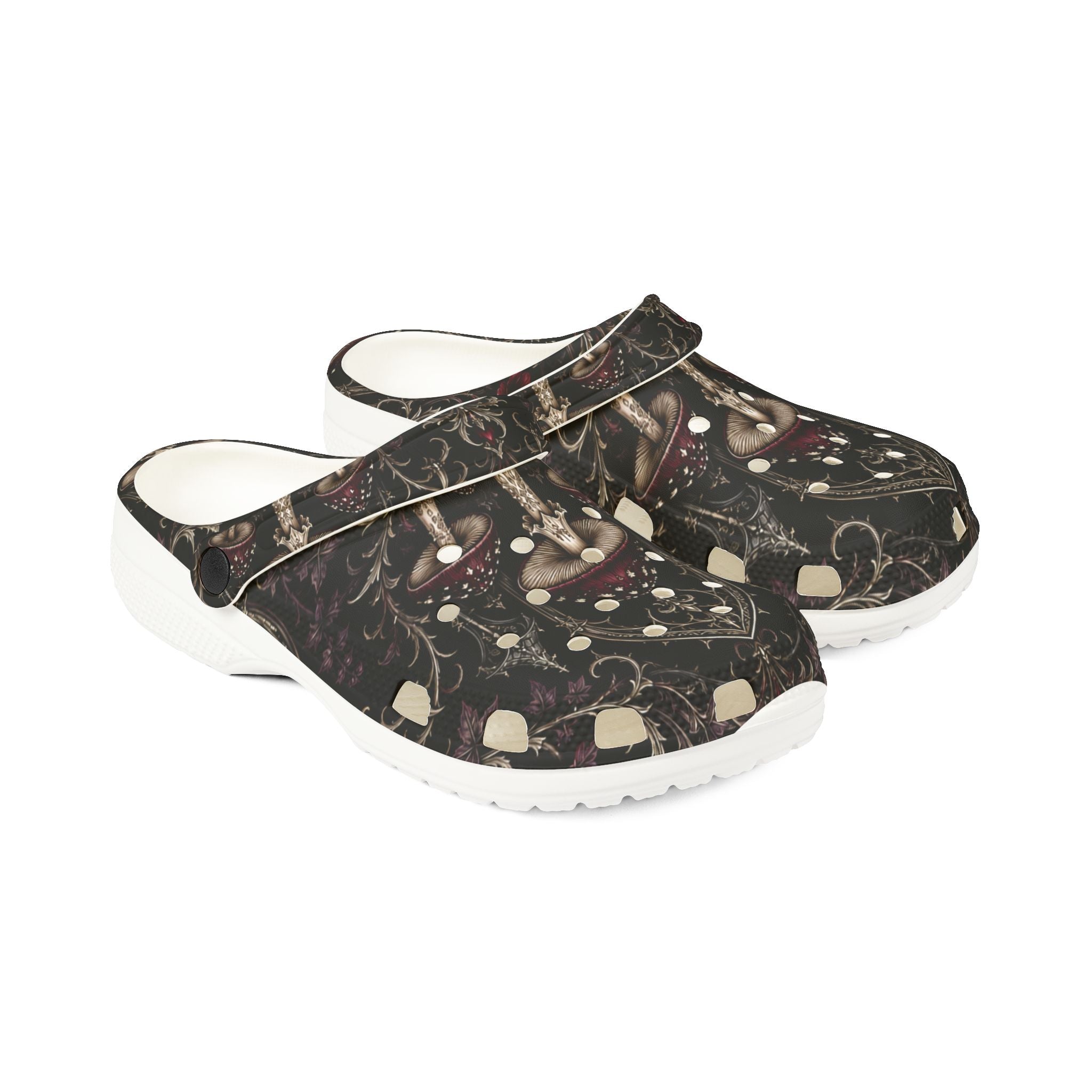 Clogs: Mushroom Garden EVA Foam Clogs — Lightweight Comfort Shoes with Dark Fungi Print