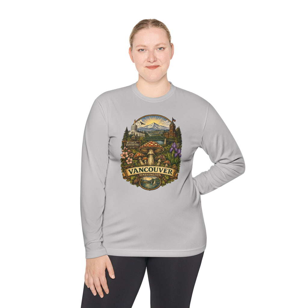 Vancouver Nature Long Sleeve Tee — Scenic Mountains & Mushroom Art