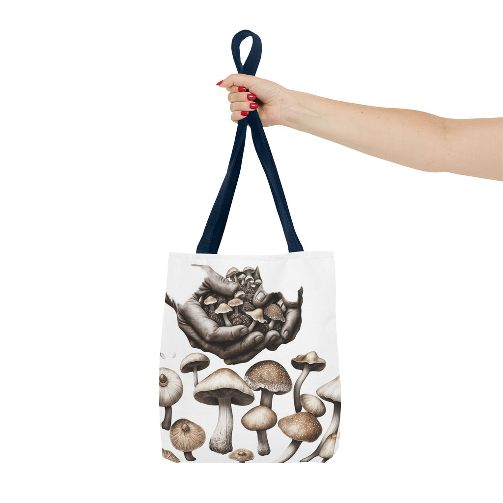 Mushroom Garden Tote Bag — Hand-Held Fungi Illustration All-Over Print