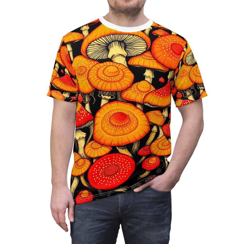 Camiseta con estampado completo de hongos psicodélicos anaranjados