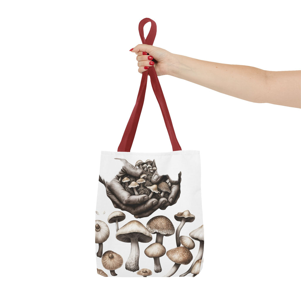 Mushroom Garden Tote Bag — Hand-Held Fungi Illustration All-Over Print