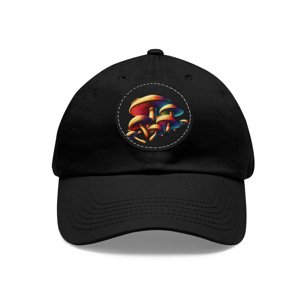 Mushroom Patch Dad Hat — Colorful Psychedelic Fungi Leather Patch Cap