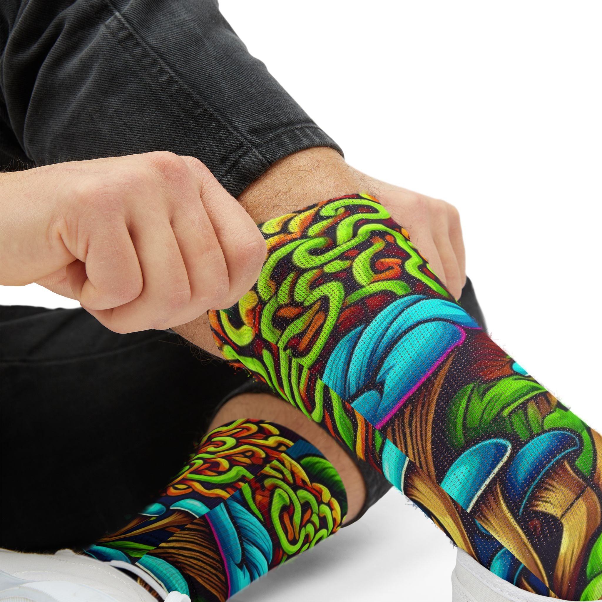 Socks: Psychedelic Mushroom Socks — Vibrant Green Fungi Sublimation Crew Socks