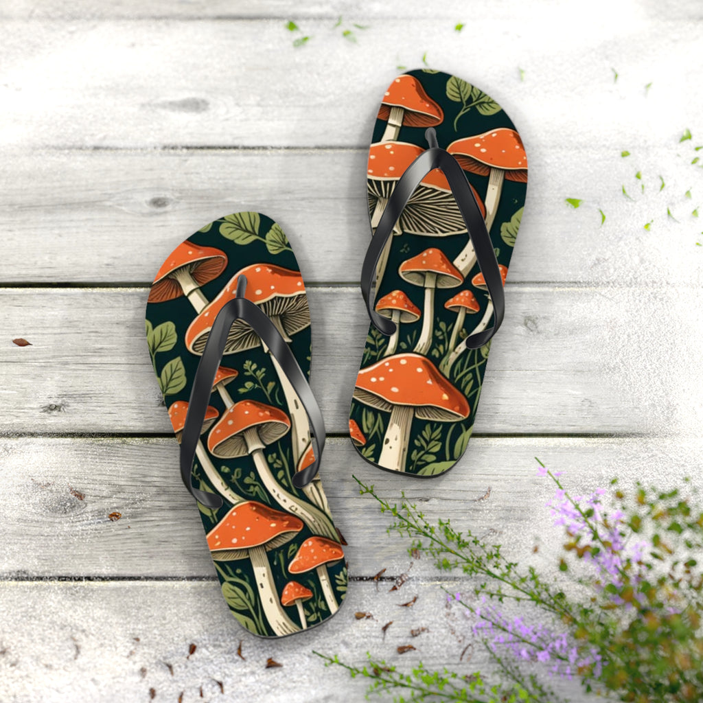 Mushroom Print Flip Flops — Vintage Toadstool Beach Sandals