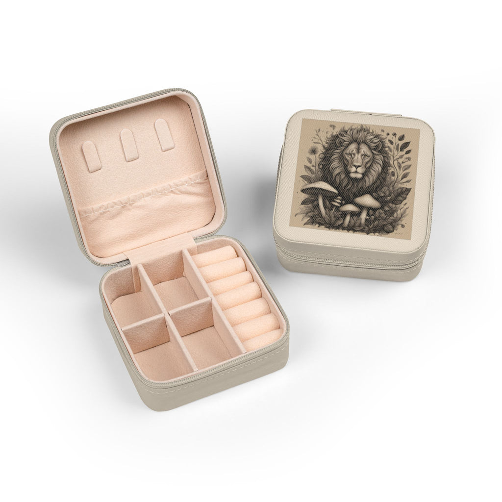 Lion & Mushrooms Jewelry Travel Case — Compact Organizer for Rings, Earrings & Necklaces