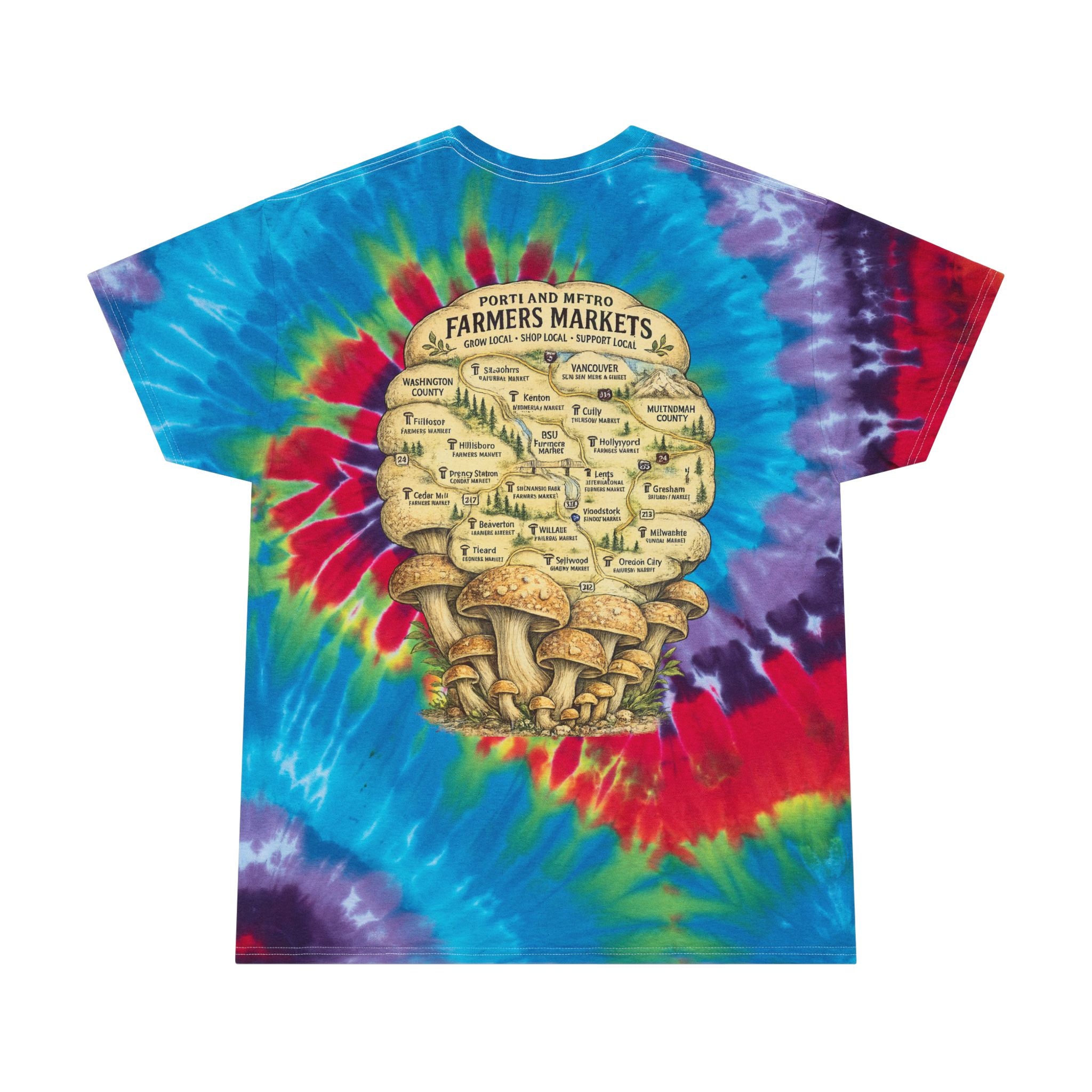 City: Gresham Oregon Spiral Tie-Dye Tee — Vintage Mushroom & Farmers Market Graphic