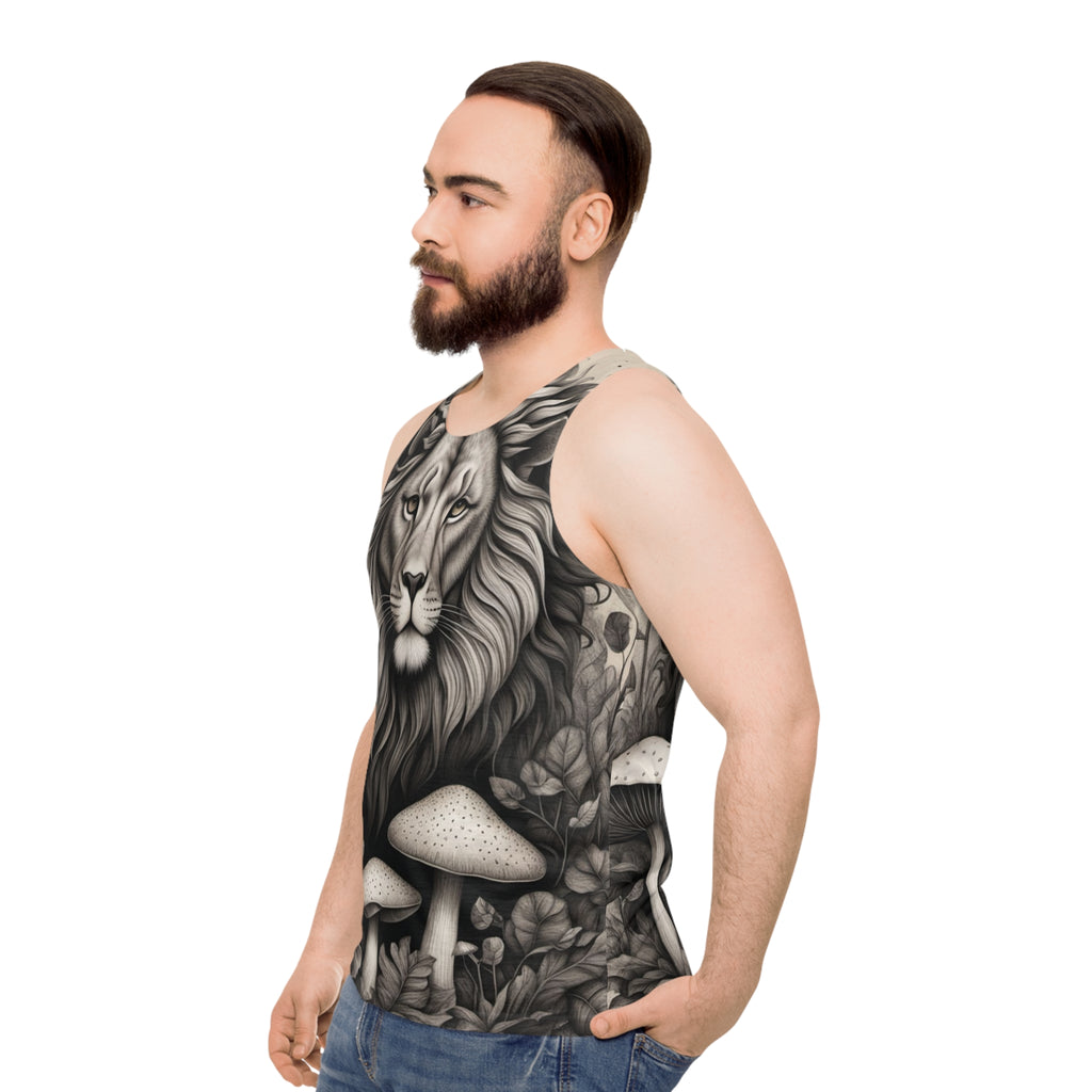 Camiseta sin mangas con estampado integral de león y setas — Vibras de bosque majestuoso monocromático