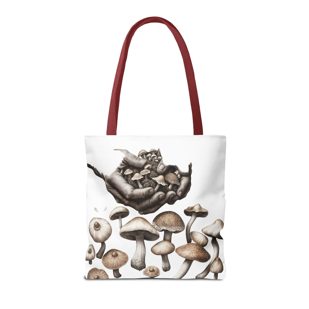 Mushroom Garden Tote Bag — Hand-Held Fungi Illustration All-Over Print