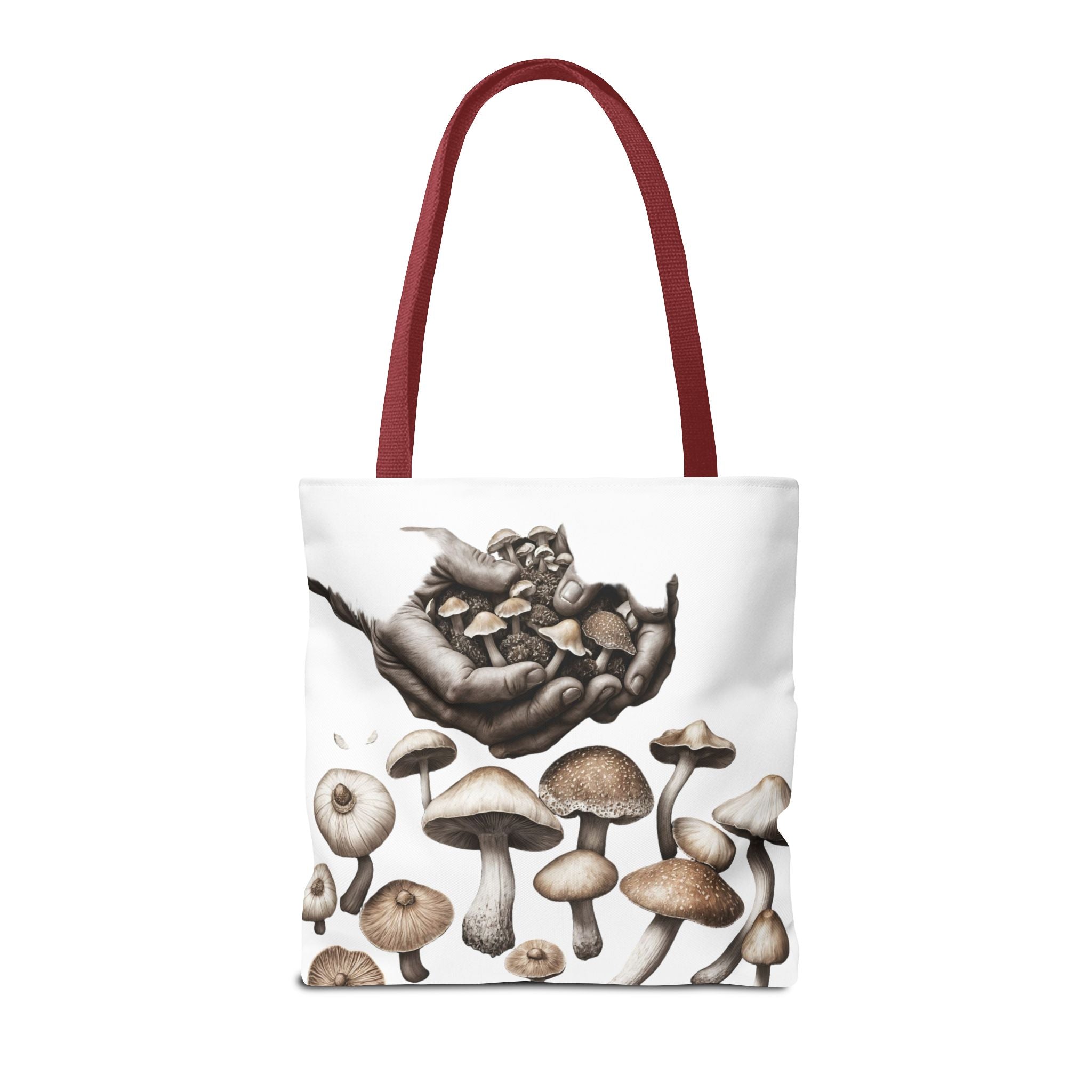 Mushroom Garden Tote Bag — Hand-Held Fungi Illustration All-Over Print